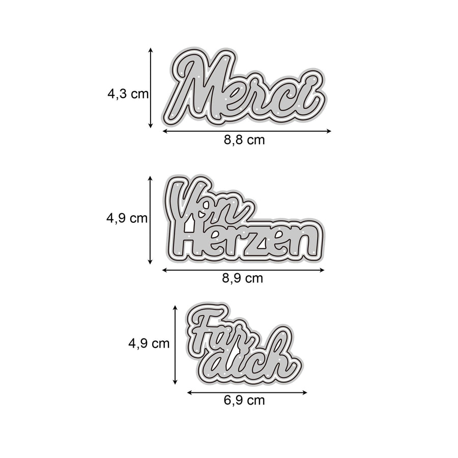 Größenangabe für Stanzschablone Schriftzüge Für dich, Merci, Von Herzen jeweils mit passendem Rahmen