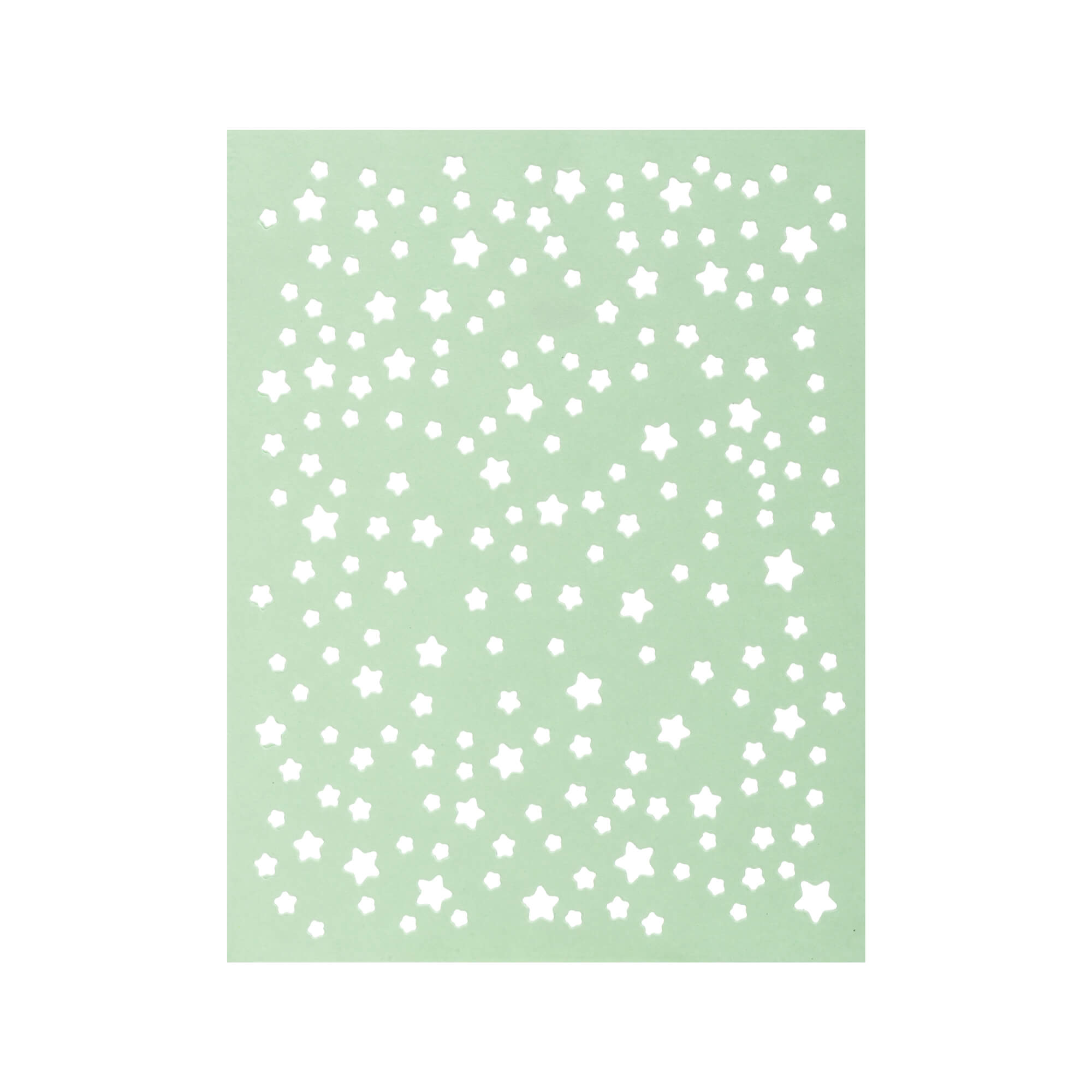 Die "Stanzschablone: Platte mit Sternen" von Stanzenshop.de besteht aus einer grünen, rechteckigen Platte mit verstreuten Sternenausschnitten in verschiedenen Größen - perfekt für Scrapbooking oder die Gestaltung einzigartiger Bastelergebnisse.