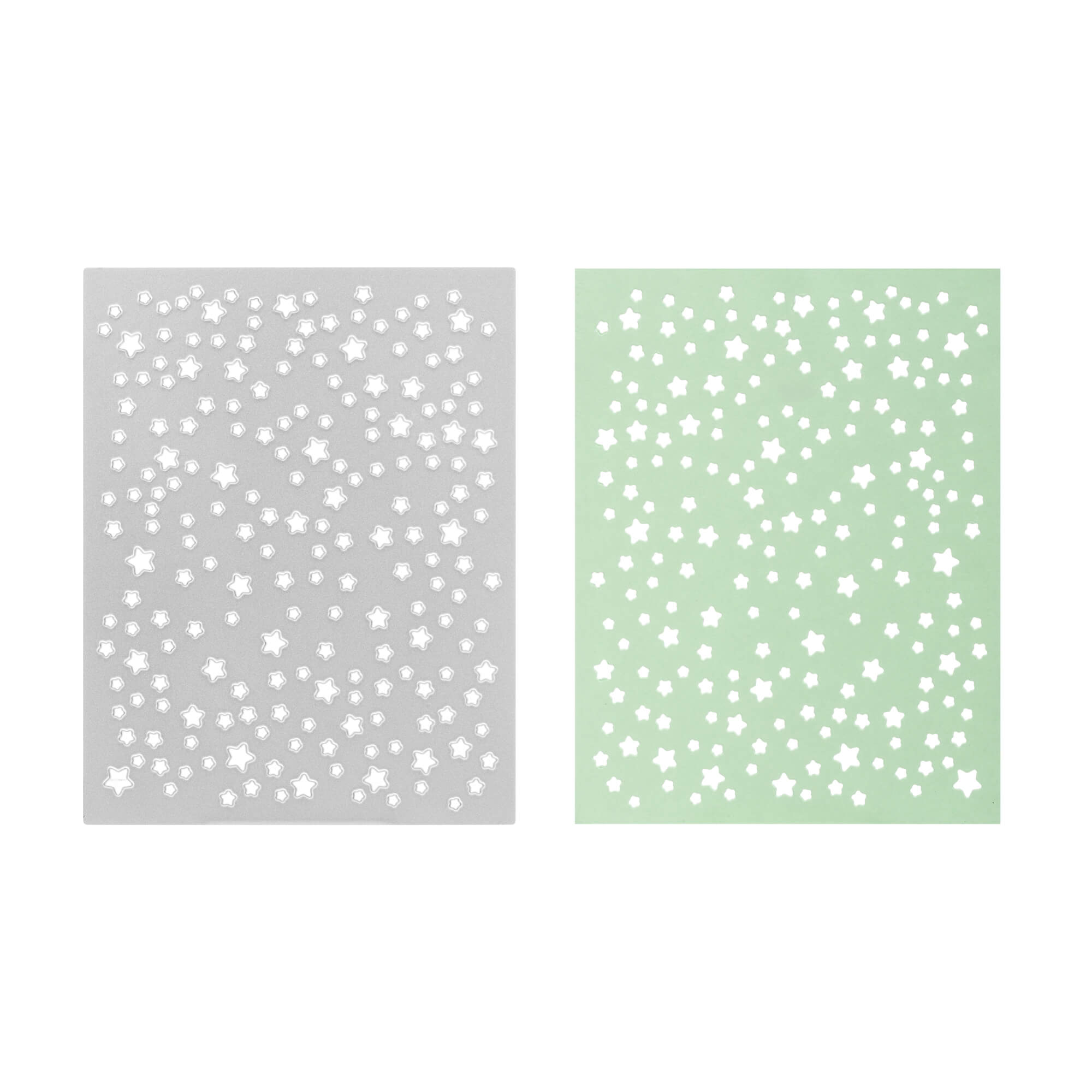Zwei rechteckige Platten - eine graue, eine hellgrüne - zeigen verstreute weiße Sterne in verschiedenen Größen, ideal für Ihr nächstes Scrapbooking-Projekt oder kreative Ergebnisse mit der Stanzschablone: Platte mit Sternen von Stanzenshop.de.