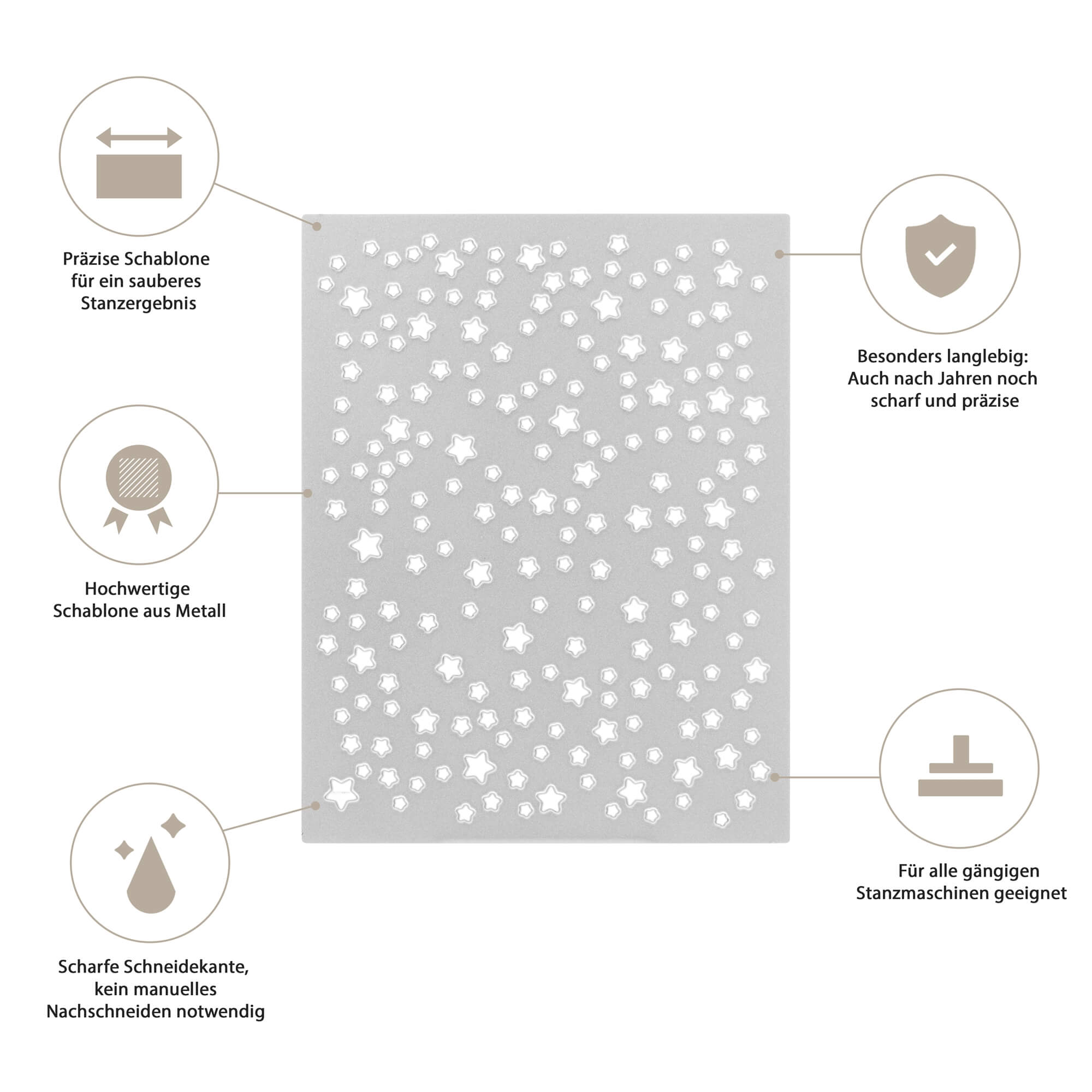 Die Stanzschablone: Platte mit Sternen von Stanzenshop.de ist eine Metallstanze mit verschiedenen Sternformen, bekannt für Präzision, Haltbarkeit, Kompatibilität und scharfe Kanten - ideal für ein perfektes Bastelergebnis.