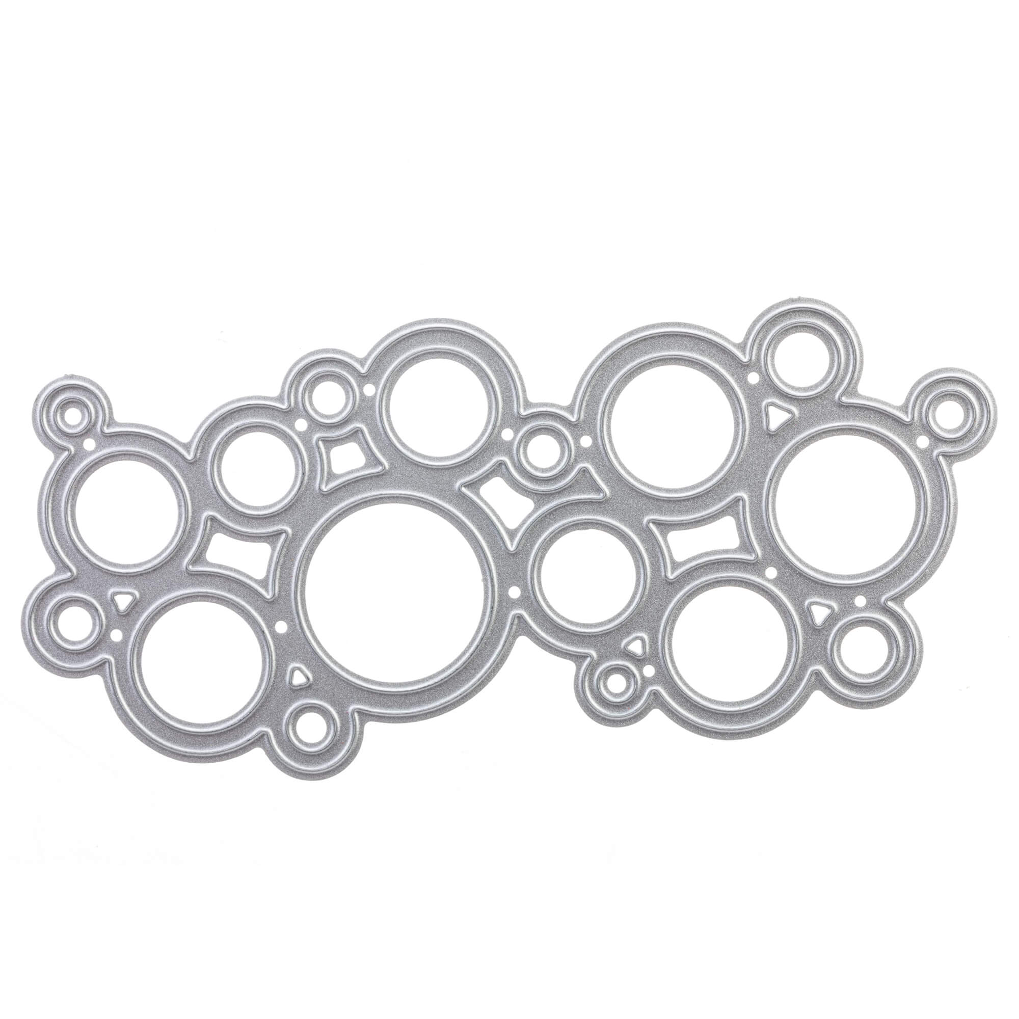 Die Stanzschablone Mehrere Kreise aneinander von Stanzenshop.de ist eine flache Metallic-Stanzform mit kreisförmigen Ausschnitten in verschiedenen Größen, ideal für Scrapbooking- oder Bastelprojekte.