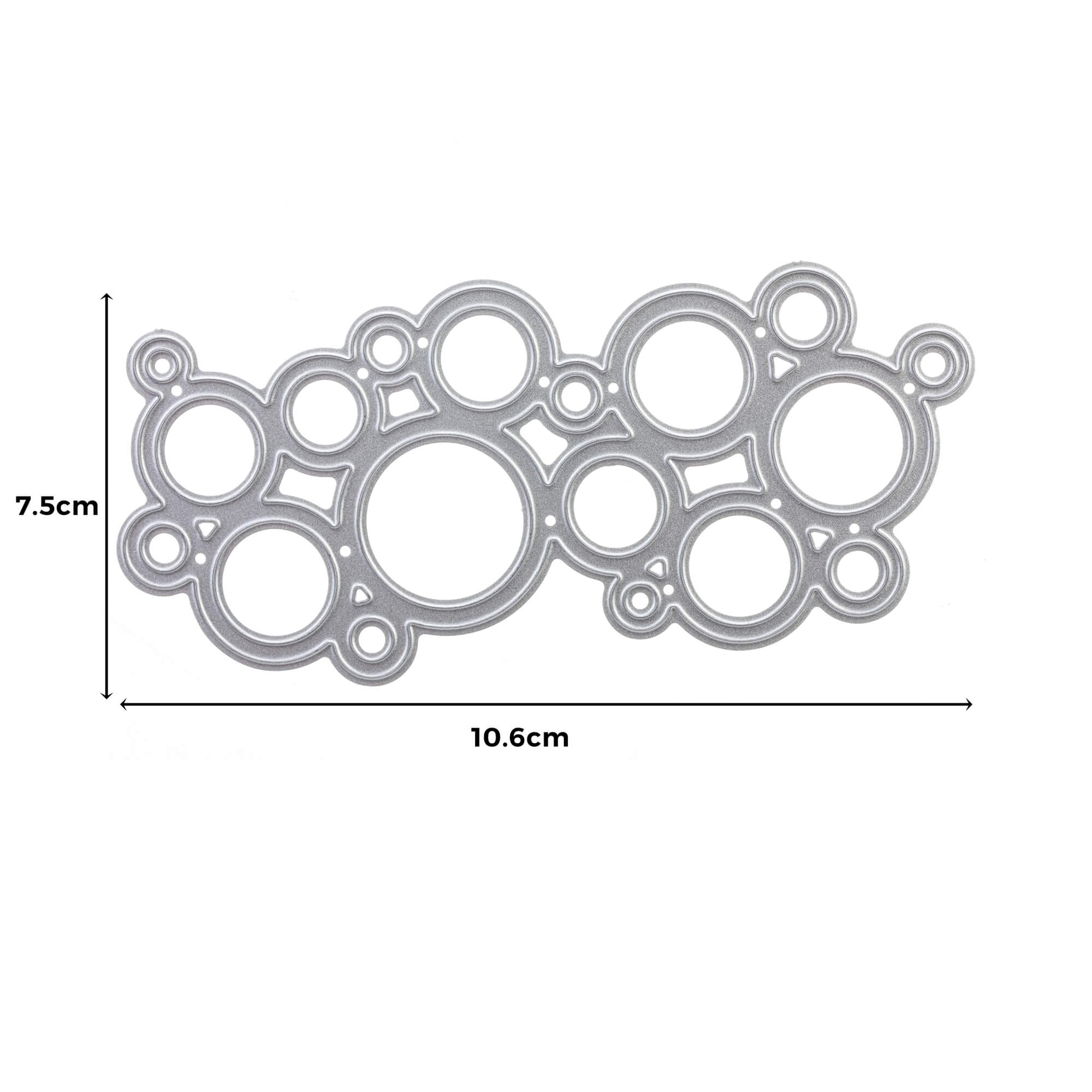 Die "Stanzschablone Mehrere Kreise aneinander" von Stanzenshop.de ist eine silberne Stanzform mit ineinandergreifenden Kreisen in verschiedenen Größen, ideal zum Basteln oder Scrapbooking. Größe: 10,6 cm x 7,5 cm.