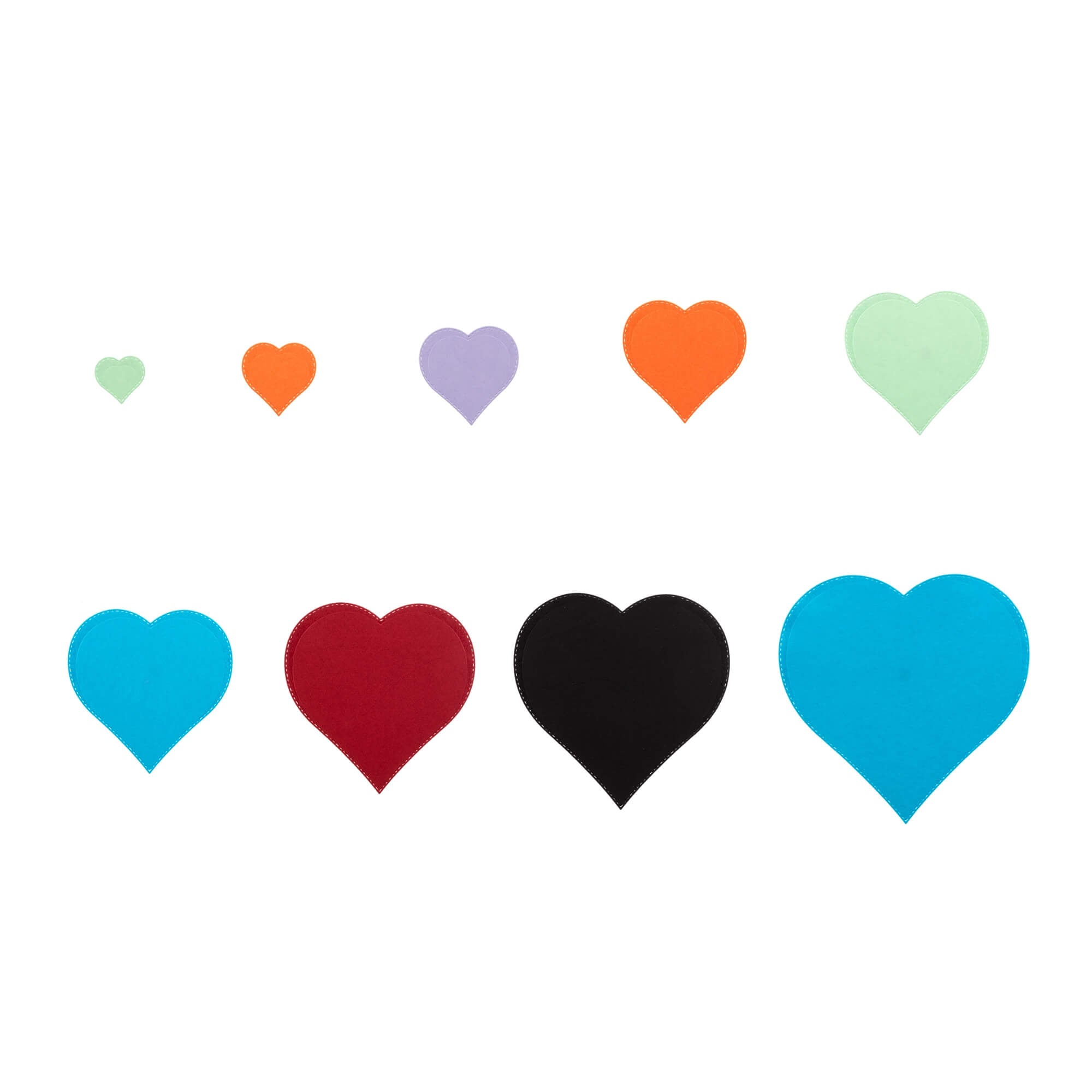 Die Stanzschablone: Zehn Herzen in verschiedenen Größen von Stanzenshop.de zeigt zehn unterschiedlich große Herzen, ideal für Scrapbooking oder Basteln und perfekt als Herz-Motiv für kreative Projekte.