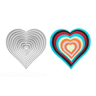 Die Stanzschablone: Zehn Herzen in verschiedenen Größen von Stanzenshop.de enthält verschiedene Herzformen, ideal für Scrapbooking oder Basteln-darunter metallische Konturen und mehrfarbige, geschichtete Designs in Rot, Orange, Blau und Gelb.