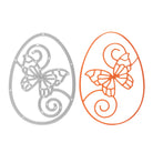 Die Stanzschablone: Schmetterling im Rahmen von Stanzenshop.de ist eine Metallstanze mit eiförmigem Umriss, Schmetterling und Wirbelmotiv, die neben einem orangefarbenen Papierausschnitt gezeigt wird, der sich perfekt für Scrapbooking eignet.