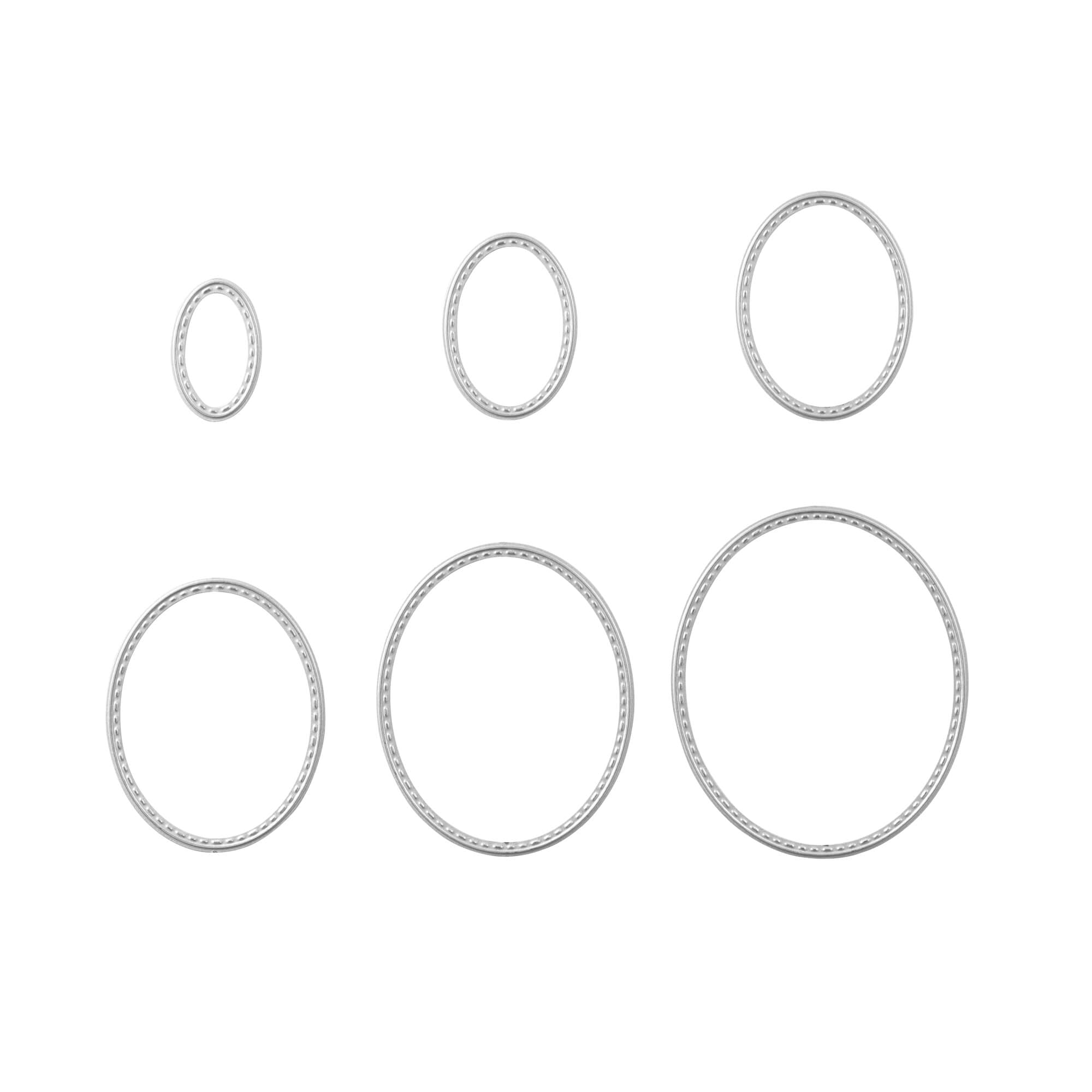 Stanzschablone Sechs ovale Kreise von Stanzenshop.de: Sechs silberne, ovale Ringe in zwei Reihen auf weißem Hintergrund - ideal für Scrapbooking und Bastelprojekte.