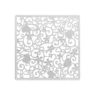 Die Stanzschablone Platte mit Blumen und Herzen von Stanzenshop.de ist eine filigrane, quadratische Platte aus silberfarbenem Metall mit Blumen- und Herzausschnitten, die sich perfekt für Scrapbooking oder Basteln eignet, abgebildet auf weißem Hintergrund.