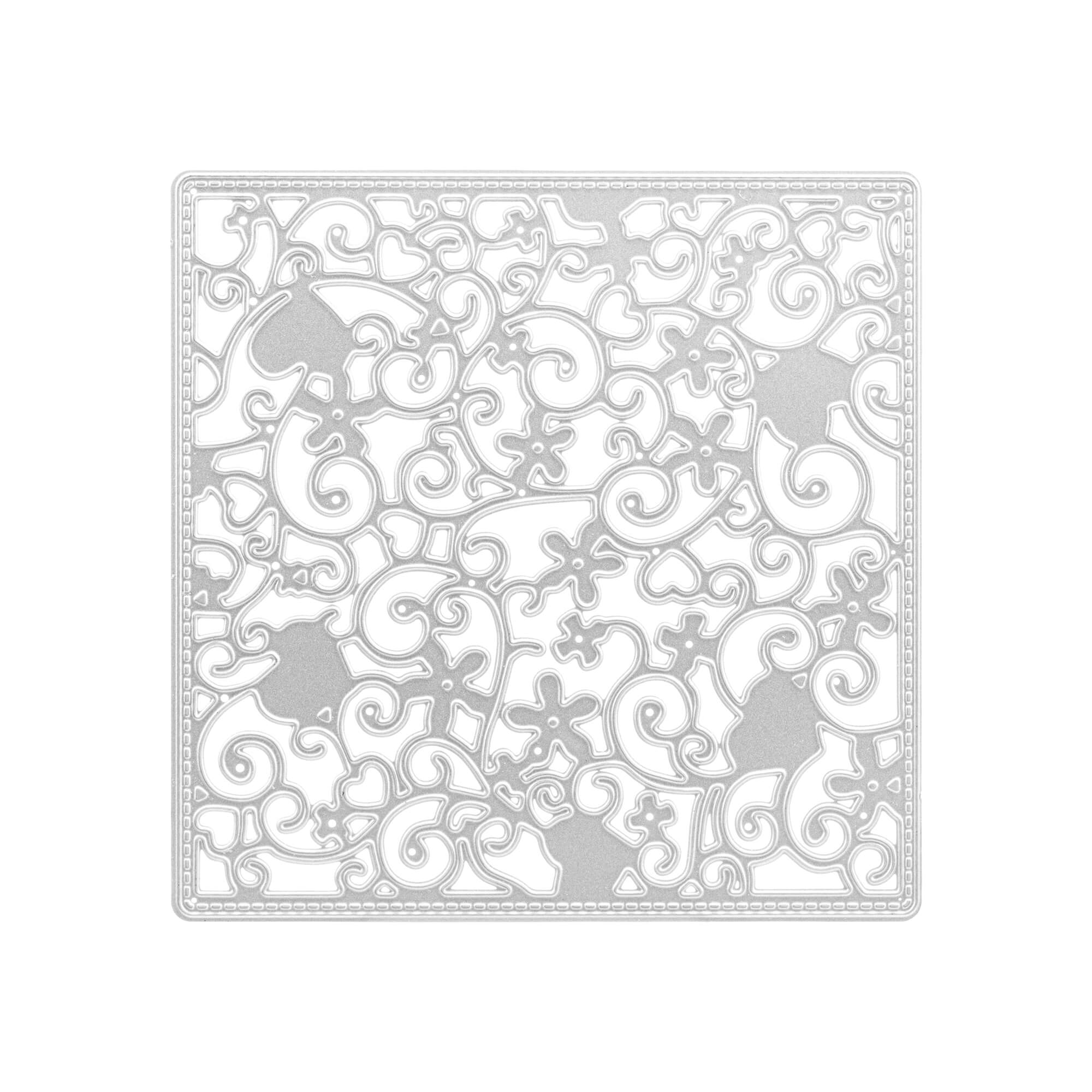 Die Stanzschablone Platte mit Blumen und Herzen von Stanzenshop.de ist eine filigrane, quadratische Platte aus silberfarbenem Metall mit Blumen- und Herzausschnitten, die sich perfekt für Scrapbooking oder Basteln eignet, abgebildet auf weißem Hintergrund.