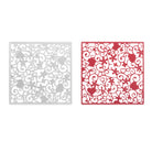 Zwei quadratische "Stanzschablone Platte mit Blumen und Herzen" von Stanzenshop.de, mit Blumen- und Herzmustern in Silber und Rot, ideal zum Basteln oder Scrapbooking, nebeneinander auf weißem Hintergrund.