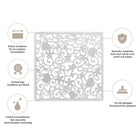 Die Stanzenshop.de Stanzschablone Platte mit Blumen und Herzen verfügt über eine verschnörkelte quadratische Metallstanze mit einem floralen Mittelstück, sowie Icons für Präzision, Haltbarkeit, Schärfe & Kompatibilität - ideal zum Basteln und Scrapbooking.