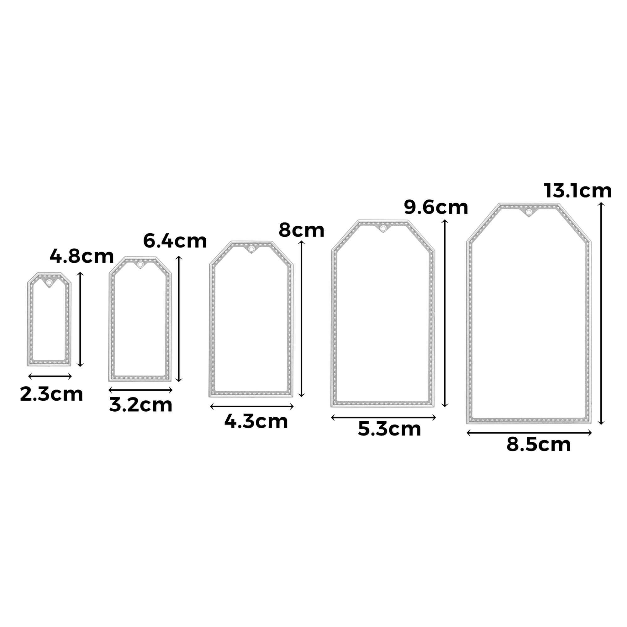 Stanzenschablone Schilder in fünf verschiedenen Größen von Stanzenshop.de: Fünf rechteckige Tags in einer Reihe, jeweils mit Maßangaben in cm-ideal für Scrapbooking, Basteln oder die Nutzung mit Stanzschablonen.