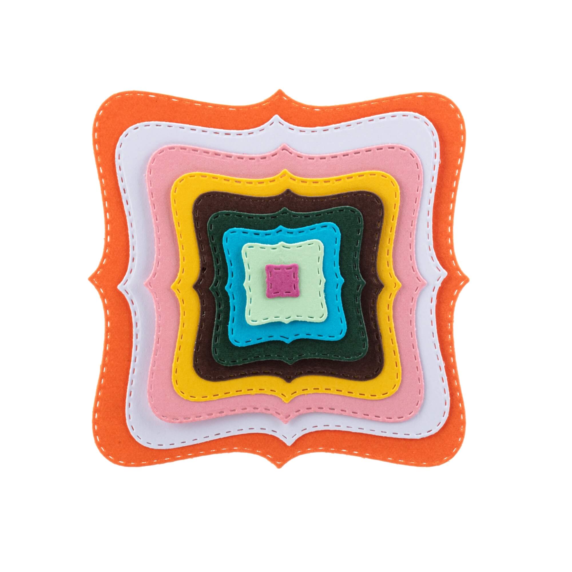 Neun verschiedene geschwungene Rahmen von Stanzenshop.de: Bunte, gestapelte Quadrat-Stanzschablonen mit Ziernähten - ideal für Scrapbooking oder Bastelprojekte.