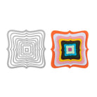 Die Stanzschablone "Neun verschiedene geschwungene Rahmen" von Stanzenshop.de zeigt links graue Metallrahmen und rechts farbig ausgestanzte Beispiele - ideal für Basteln und Scrapbooking.