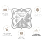 Diagramm zur Hervorhebung der Merkmale der Stanzschablone: Neun verschiedene geschwungene Rahmen von Stanzenshop.de: saubere Schnitte, lang anhaltende Schärfe, präzise Kanten - kein manuelles Nachschneiden. Perfekt für Basteln, Scrapbooking, und Stanzmaschinen. Hochwertiges Metall.