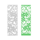 Die Stanzenshop.de "Stanzschablone: Rahmen mit Blüten", eine silberne Metallstanze, wird neben einem grünen Papierausschnitt mit demselben Blumenmuster gezeigt - ideal für Scrapbooking oder die Verwendung mit Ihrer Lieblings-Stanzmaschine.