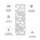 Die "Stanzschablone: Rahmen mit Blüten" von Stanzenshop.de steht im Mittelpunkt und zeigt ein abstraktes Blumendesign - umgeben von deutschen Texten und Symbolen, die ihre Vielseitigkeit für Scrapbooking und alle Stanzmaschinen unterstreichen.