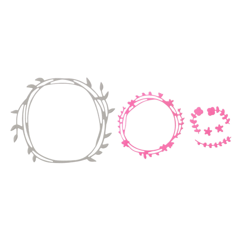 Drei kreisförmige Stanzschablonen in verschiedenen Stilen und Größen, darunter die Stanzschablone "Zwei Kreise mit Blumen" von Stanzenshop.de.