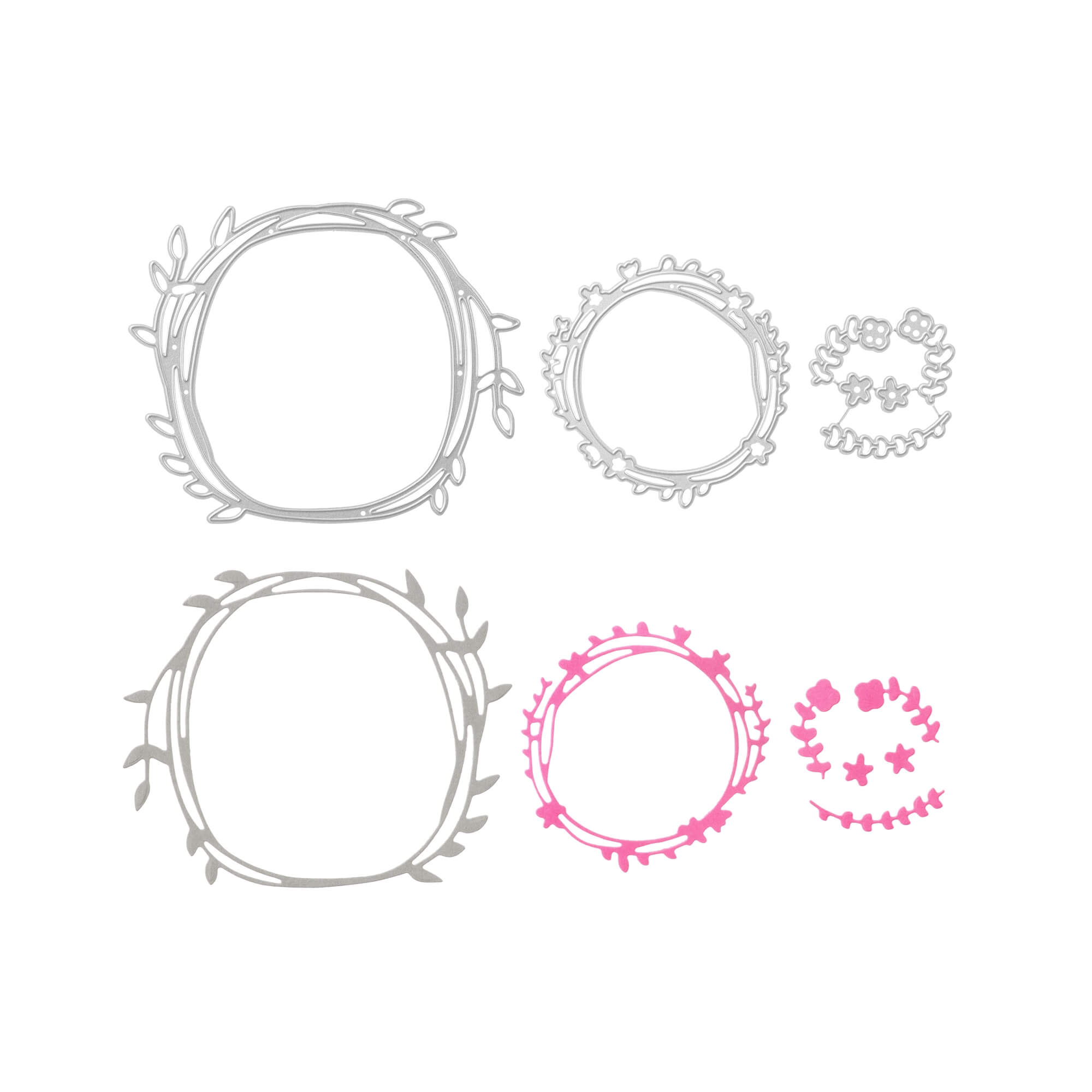 Die Stanzschablone Zwei Kreise mit Blumen von Stanzenshop.de besteht aus sechs kreisförmigen Rahmen - drei graue, drei rosafarbene - mit Blatt- und Blumenmotiven auf Weiß. Perfekt für Kartengestaltung oder Scrapbooking.