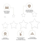 Diagramm zeigt Stanzschablone: Acht verschiedene Sterne von Stanzenshop.de-acht Metall-Sternschablonen ideal für Basteln oder Scrapbooking, mit Icons und deutschem Text für Präzision, Haltbarkeit, scharfe Kanten, Maschineneinsatz und Premium-Qualität.