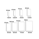 Die "Stanzschablone Rechteckige Rahmen" von Stanzenshop.de enthält sieben rechteckige Größen mit Zentimeter-Beschriftung, sortiert von klein bis groß - perfekt für Kartenbasteln und Scrapbooking.