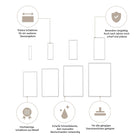 Grafik mit Eigenschaften der Stanzschablone Rechteckige Rahmen in sieben verschiedenen Größen von Stanzenshop.de: sehr haltbar, scharfe Kanten - perfekt für Basteln Karten und Scrapbooking mit präzisen Ergebnissen auf allen Maschinen, kein manuelles Beschneiden erforderlich.