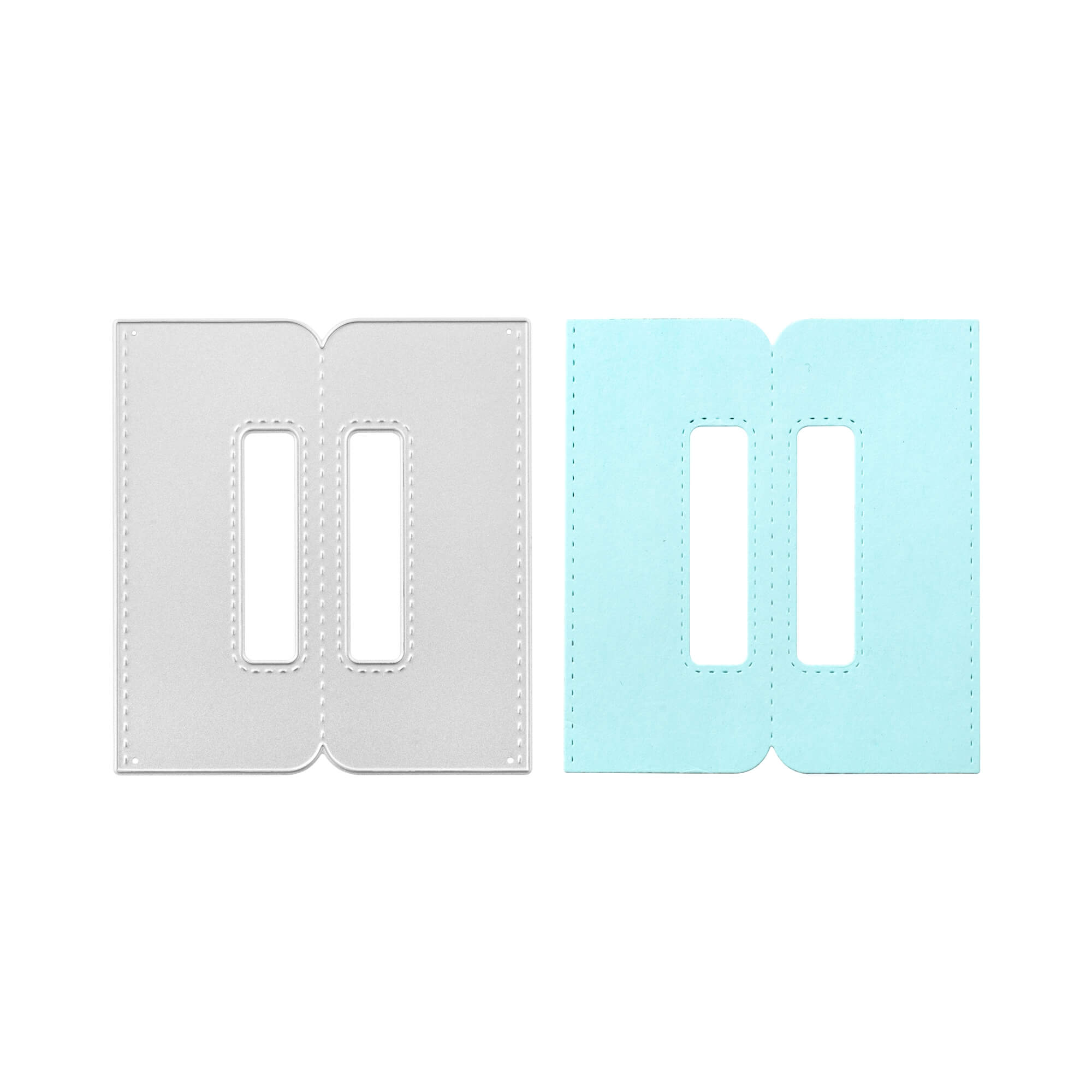 Zwei rechteckige Stanzschablone Griffe von Stanzenshop.de, ein weißer und ein hellblauer, jeweils mit zwei vertikalen Ausschnitten, werden nebeneinander dargestellt - ideal für Ihr nächstes Scrapbooking-Projekt.