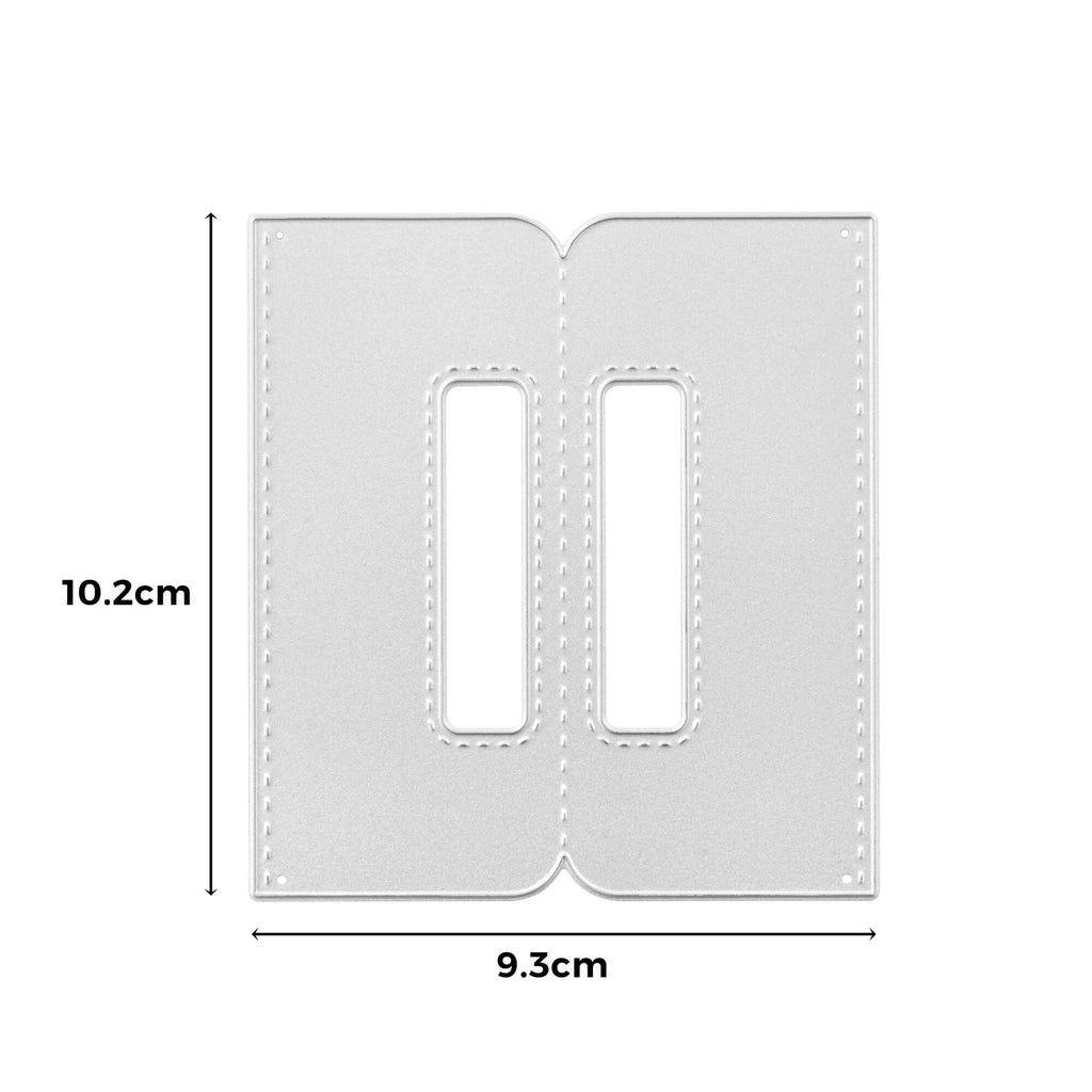 Technische Abbildung einer flachen, ungesäumten Brieftaschenvorlage aus grauem Stoff mit ausgestanzten Schlitzen für das Topseller-Set – 5 Stanzen von Stanzenshop.de, Maße 10,2 cm x 9,3 cm.