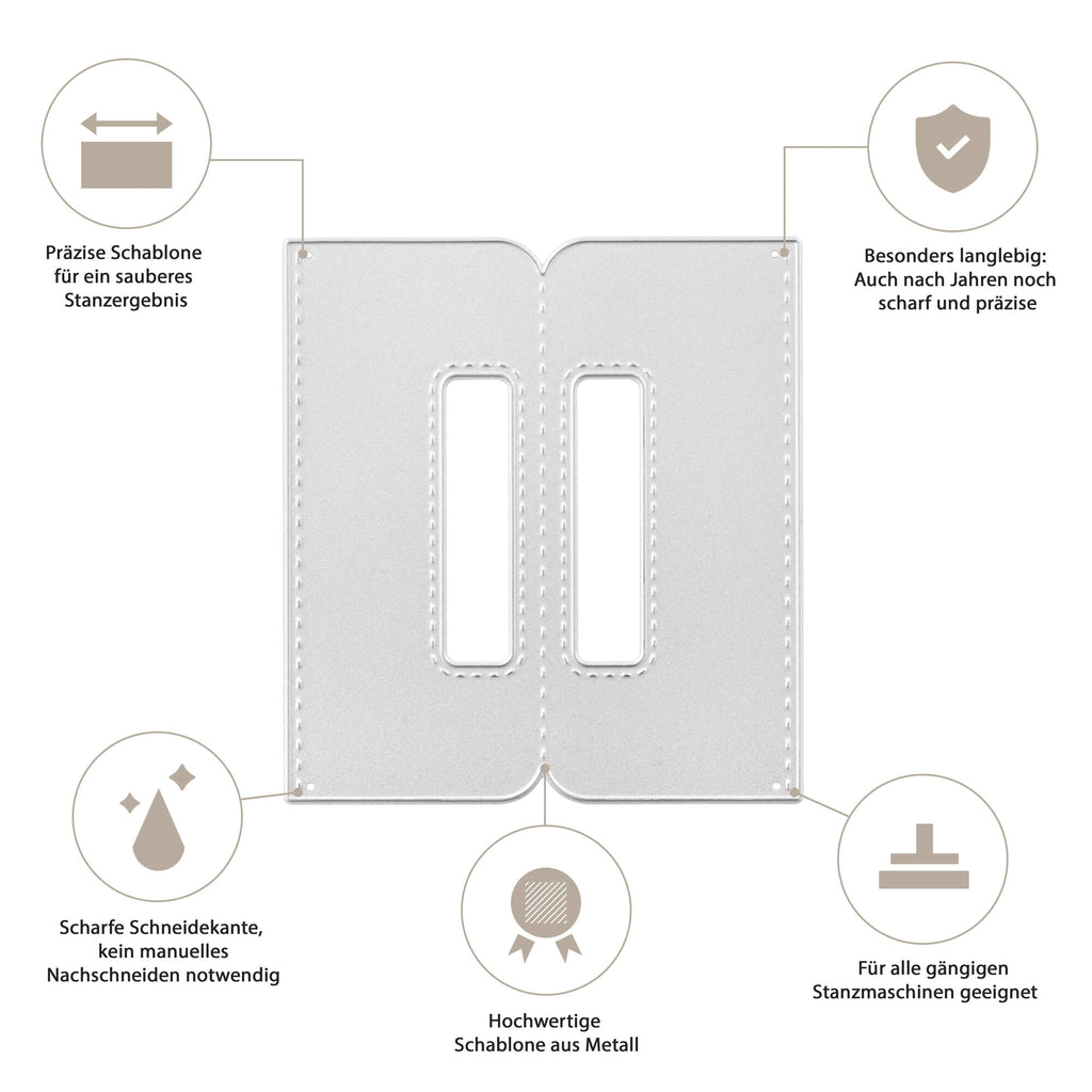 Bild einer rechteckigen Stanzschablone Griffe aus Metall von Stanzenshop.de mit zwei rechteckigen Ausschnitten in der Mitte, umgeben von Symbolen und deutschem Text, der ihre Eigenschaften wie Präzision, Haltbarkeit und Eignung für gängige Stanzmaschinen beschreibt.