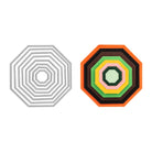 Auf der linken Seite silberne Metallkonturen, auf der rechten Seite massive Achteckige Stanzschablonen (grüne Mitte bis orangefarbener Rand). "Stanzschablone Achteckige Rahmen in acht verschiedenen Größen" von Stanzenshop.de. Kompatibel mit Stanzmaschine.