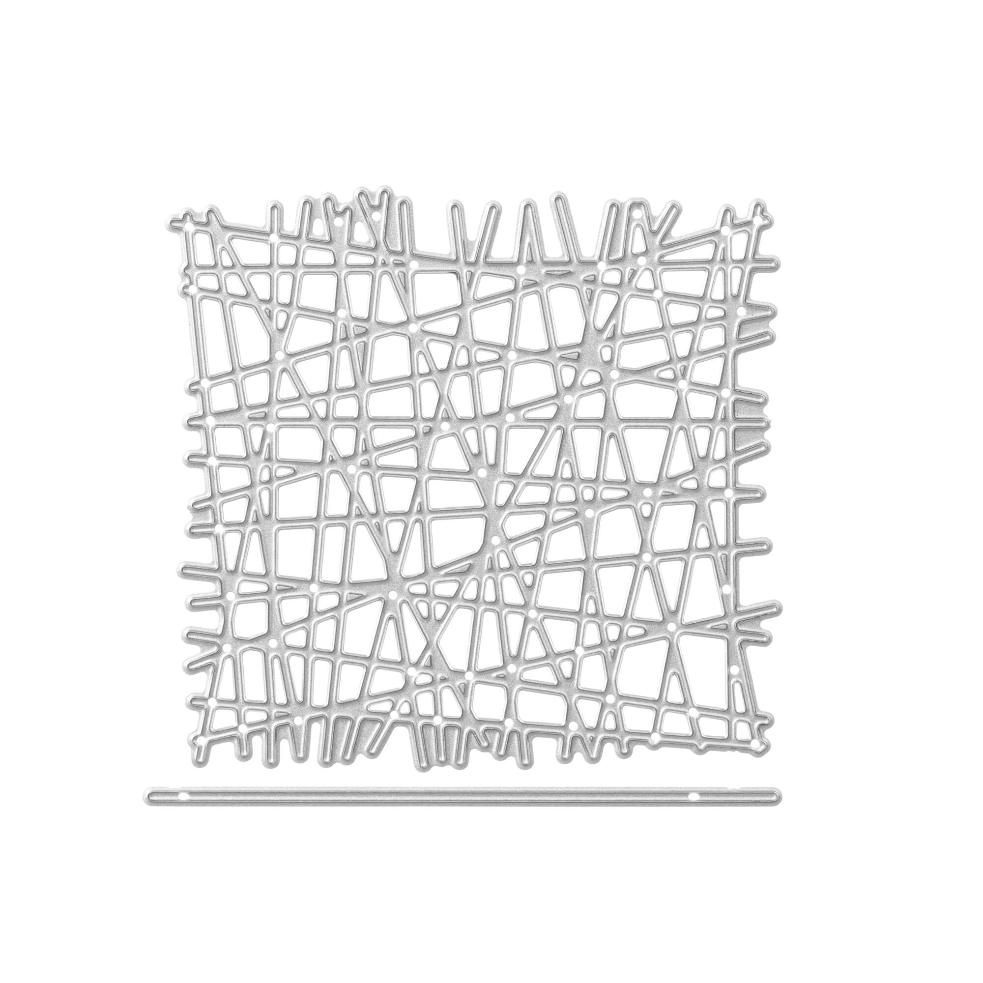 Die Stanzschablone Gittermuster von Stanzenshop.de ist ein silberner Untersetzer aus Metall mit einem abstrakten Design aus sich kreuzenden Linien - ideal für moderne Scrapbooking- oder Kartenbastelprojekte. Der dünne horizontale Sockel verleiht ihm einen eleganten Stil.