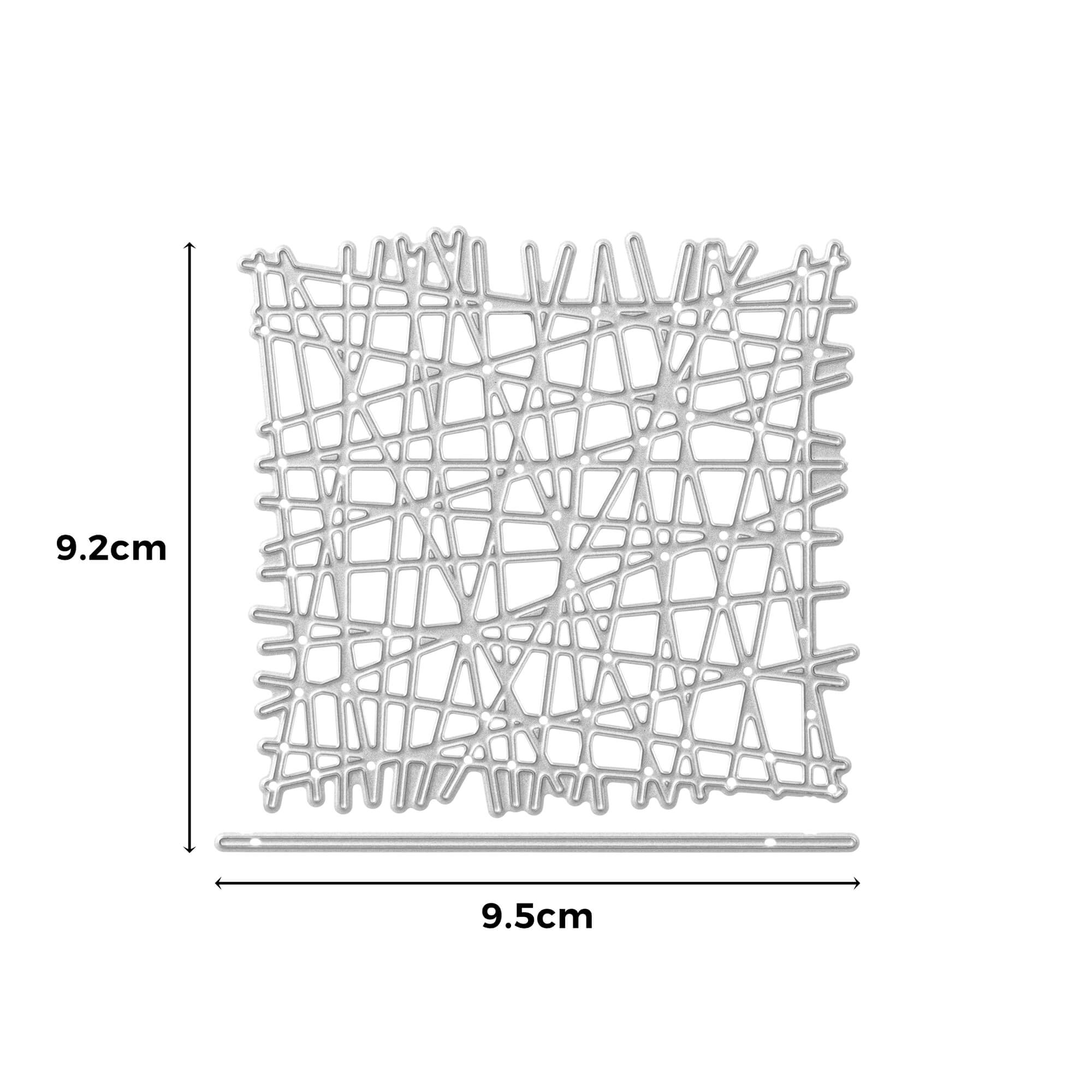 Die Stanzschablone Gittermuster von Stanzenshop.de ist eine quadratische Metallstanze mit abstrakten sich kreuzenden Linien, ideal zum Karten basteln oder Scrapbooking, mit den Maßen 9,2 x 9,5 cm und mit beschrifteten Maßen abgebildet.