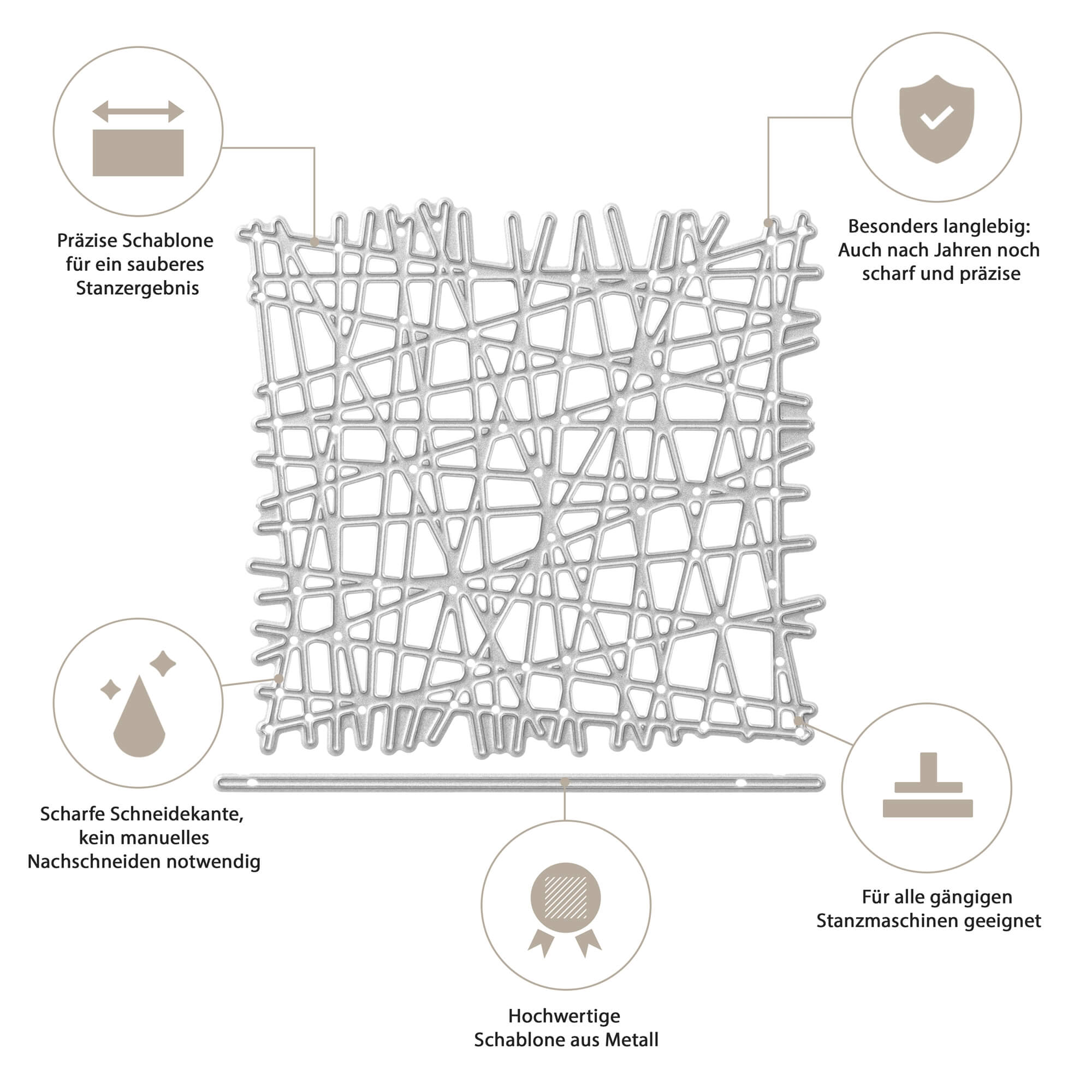Die Stanzschablone Gittermuster von Stanzenshop.de zeichnet sich durch ein abstraktes Kreuzmuster aus, das durch Hinweise auf Präzision, Haltbarkeit, scharfe Kanten, Kompatibilität und Qualität hervorgehoben wird - ideal für Scrapbooking oder Karten basteln.