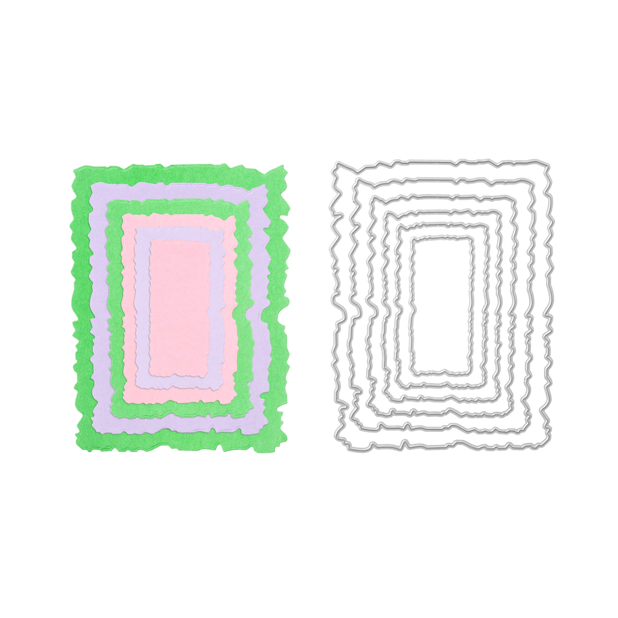 Sechs pastellfarbene, gewellte rechteckige Papiere aus der "Stanzschablone" von Stanzenshop.de: Sechs gewellte Rahmen in verschiedenen Größen" sind links gestapelt, rechts sitzen sechs passende Metallstanzen - ideal zum Basteln oder Scrapbooking vor weißem Hintergrund.