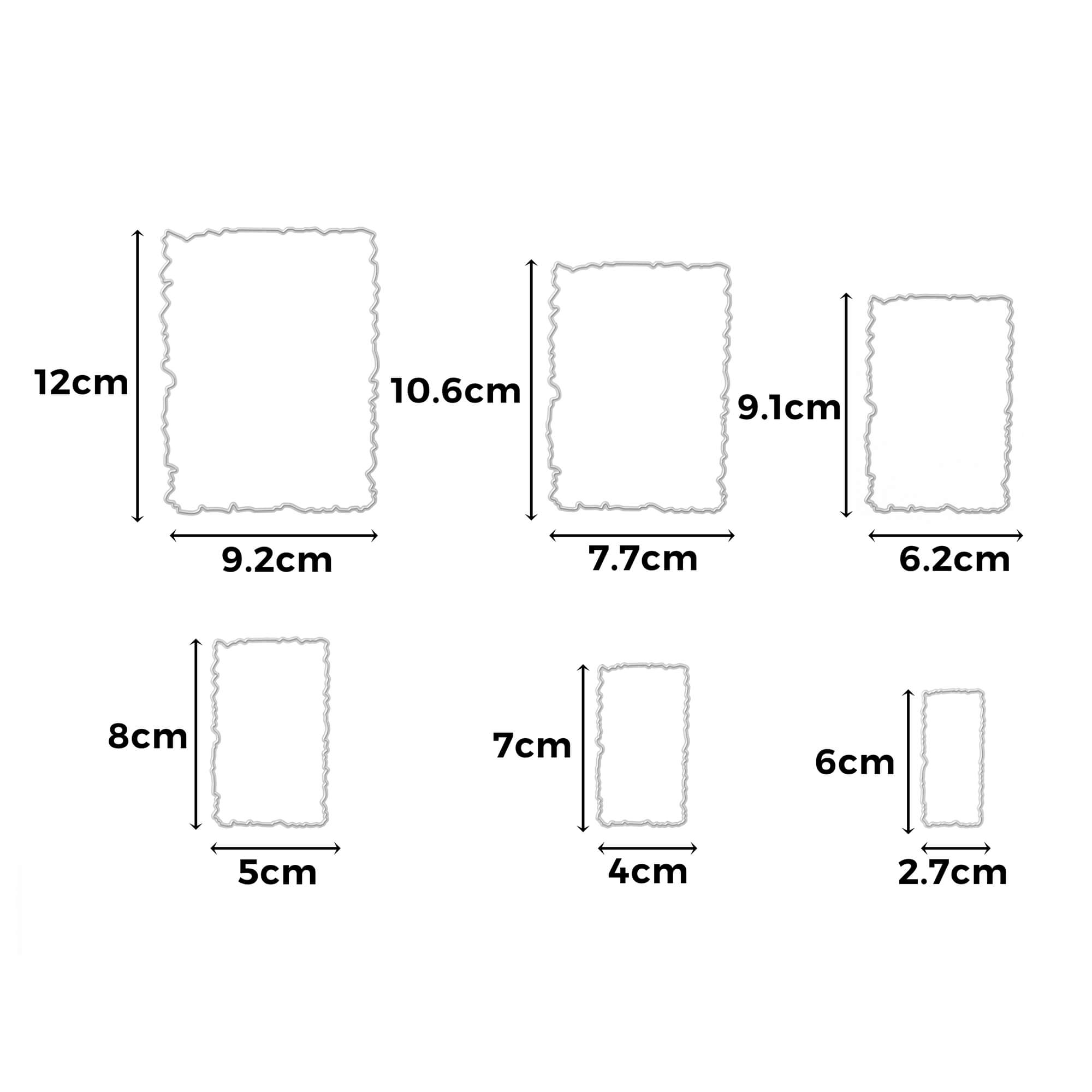 Sechs gewellte Rahmen in verschiedenen Größen von Stanzenshop.de: Jeder Rahmen mit cm-Angabe für Höhe und Breite auf weißem Hintergrund-ideal zum Basteln oder Scrapbooking mit deiner Lieblings-Stanzschablone.