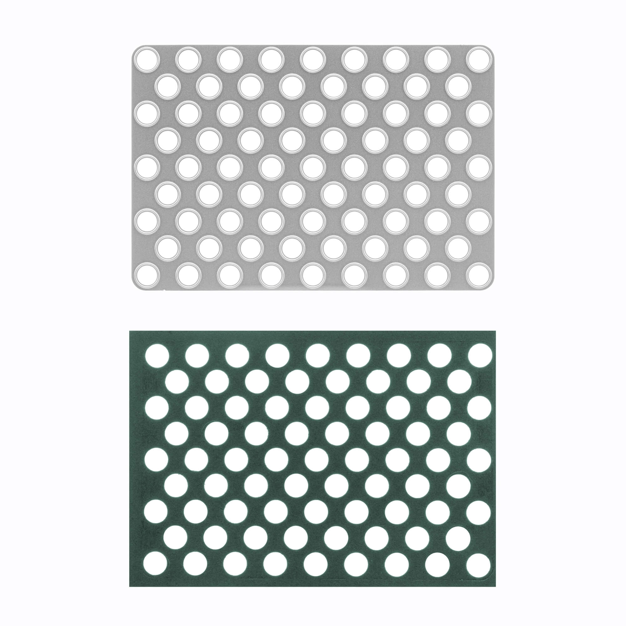 Die Stanzschablone: Platte mit kleinen Löchern von Stanzenshop.de enthält zwei rechteckige Platten (grau und dunkelgrün) mit gleichmäßig verteilten kreisförmigen Löchern in einem Raster, abgebildet auf einem sauberen weißen Hintergrund - ideal für Scrapbooking- oder Bastelprojekte.