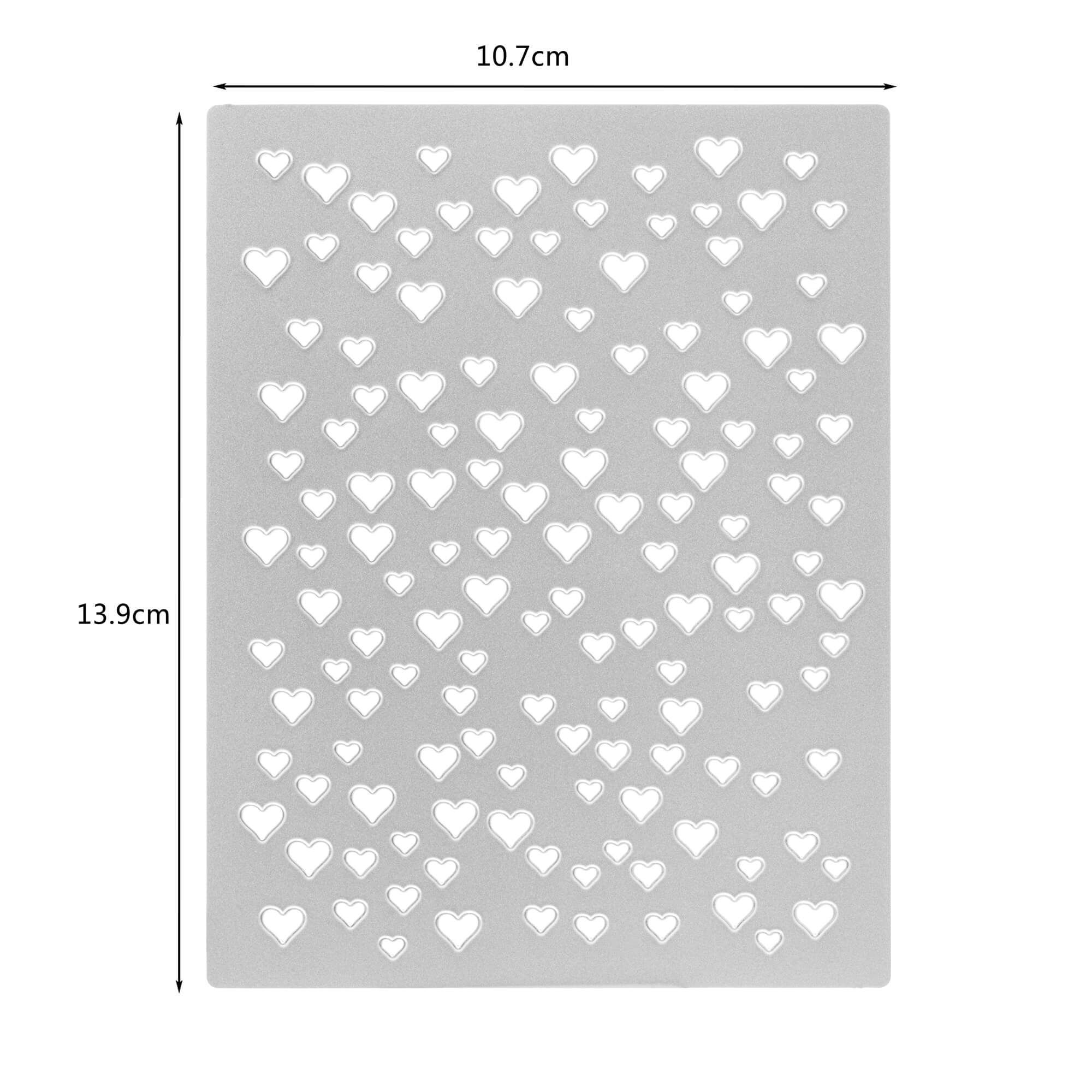 Die Stanzschablone Platte mit Herzen von Stanzenshop.de ist eine rechteckige Schablone (10,7 x 13,9 cm) mit mehreren Herz-Ausstanzungen - ideal zum Karten basteln und Scrapbooking.