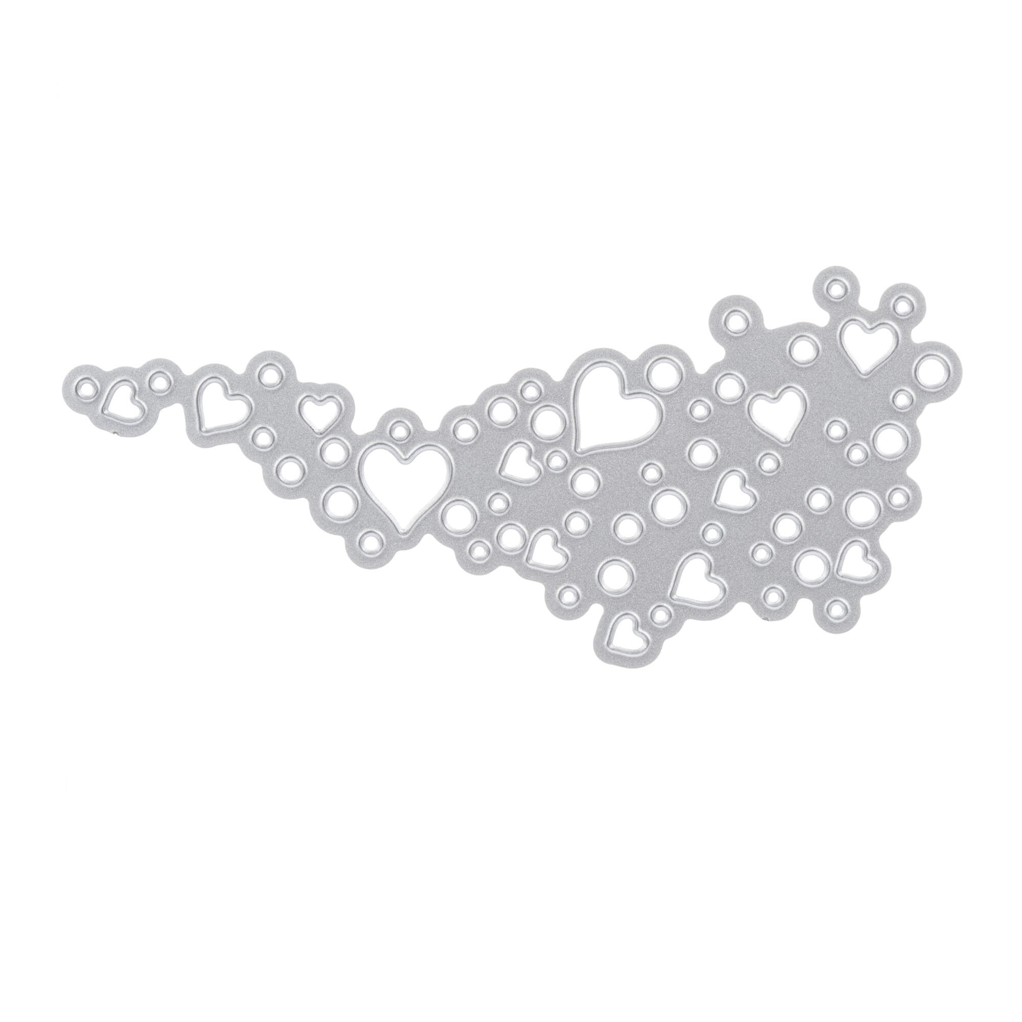 Die Stanzschablone Welle aus Herzen von Stanzenshop.de ist eine silberne Metallstanze mit verschiedenen Herzen und Kreisen in einem Wellenmuster, ideal für Scrapbooking und kreative Bastelprojekte.