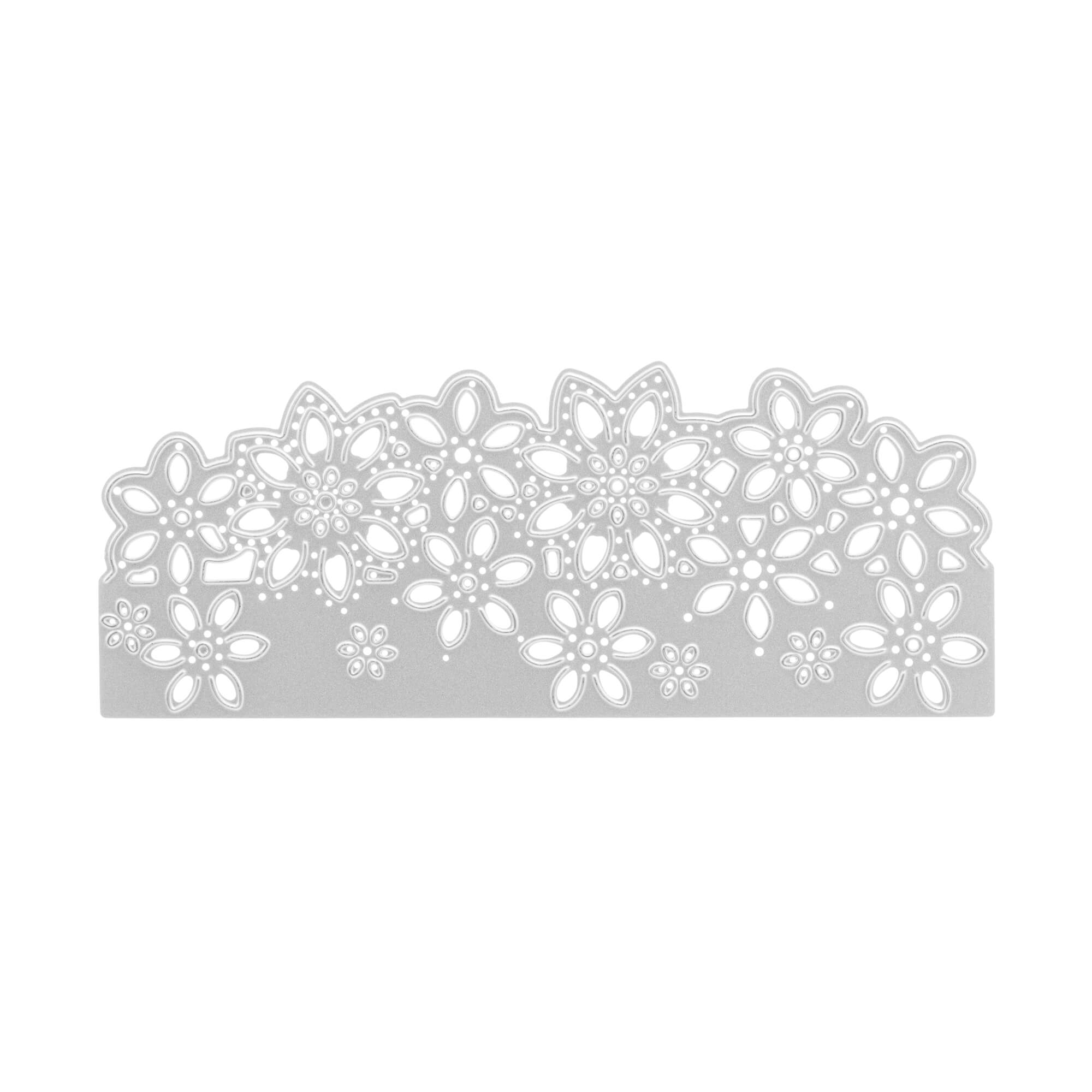 Die "Stanzschablone Rand mit Blumen" von Stanzenshop.de ist eine silberne rechteckige Metallstanze mit einem komplizierten floralen Muster, ideal für Karten oder Scrapbooking-Projekte.