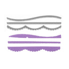 Drei Stanzschablonen: Drei Ränder für Karten Randstanzformen von Stanzenshop.de mit einzigartigen Wellen- und Stichkanten sowie passenden lila Papierausschnitten - ideal für Cardmaking- oder Scrapbooking-Projekte.