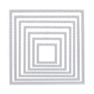 Sieben ineinander verschachtelte silberne Quadratrahmen von Stanzenshop.de, konzentrisch angeordnet mit einem Kettengliedmuster auf Weiß. Ideal als "Stanzschablone: Sieben quadratische Rahmen" für Scrapbooking- und Kartengestaltungsprojekte.
