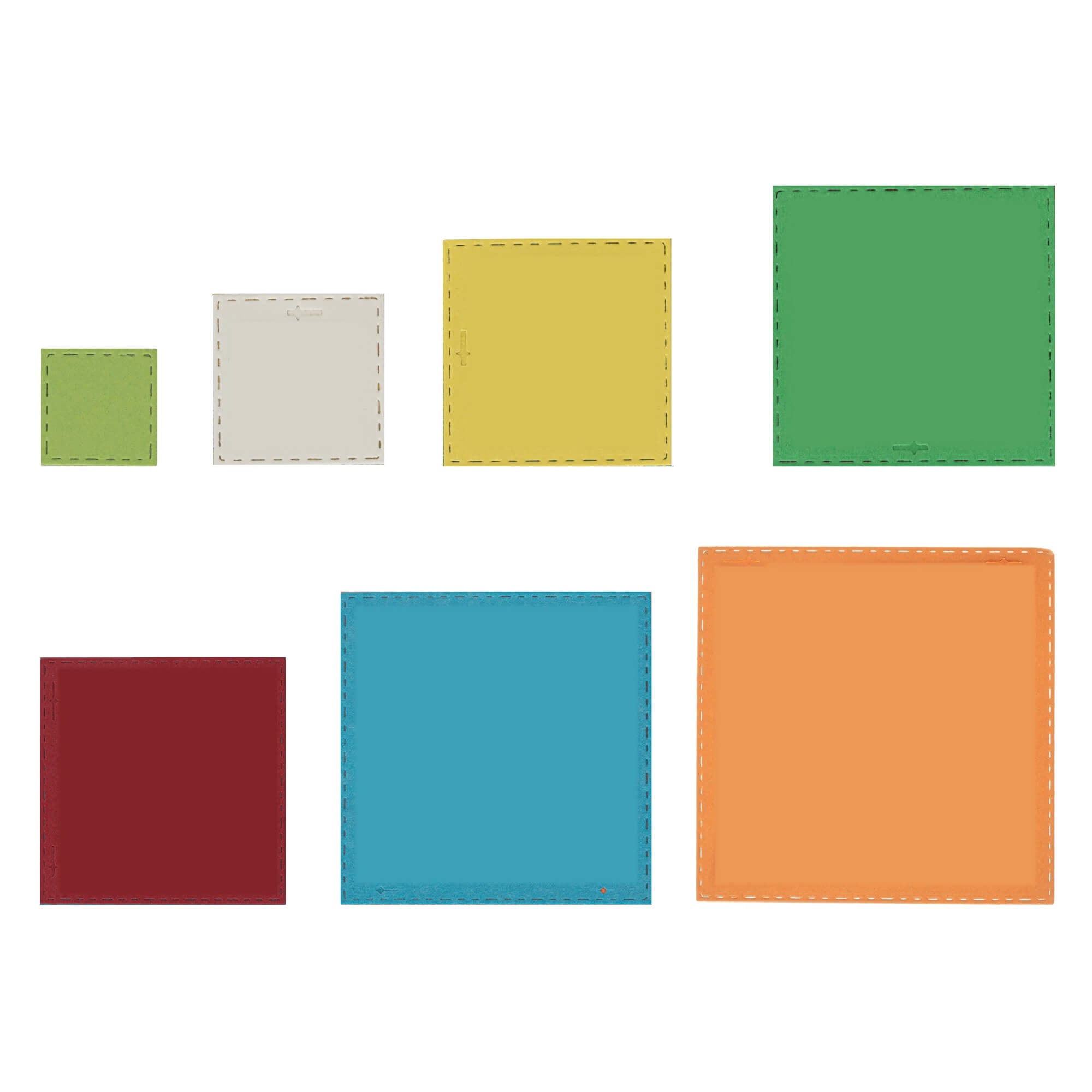 Sieben farbige quadratische Rahmen in verschiedenen Größen von Stanzschablone: Sieben quadratische Rahmen von Stanzenshop.de sind in zwei Reihen auf weißem Hintergrund angeordnet - ideal für Scrapbooking oder als Stanzschablone.