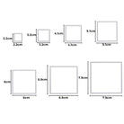 Diagramm, das sieben quadratische Rahmen von Stanzschablone zeigt: Sieben quadratische Rahmen von Stanzenshop.de, jeweils mit beschrifteter Breite und Höhe in Zentimetern - ideal für Scrapbooking oder die Verwendung mit Ihrer Stanzschablone.