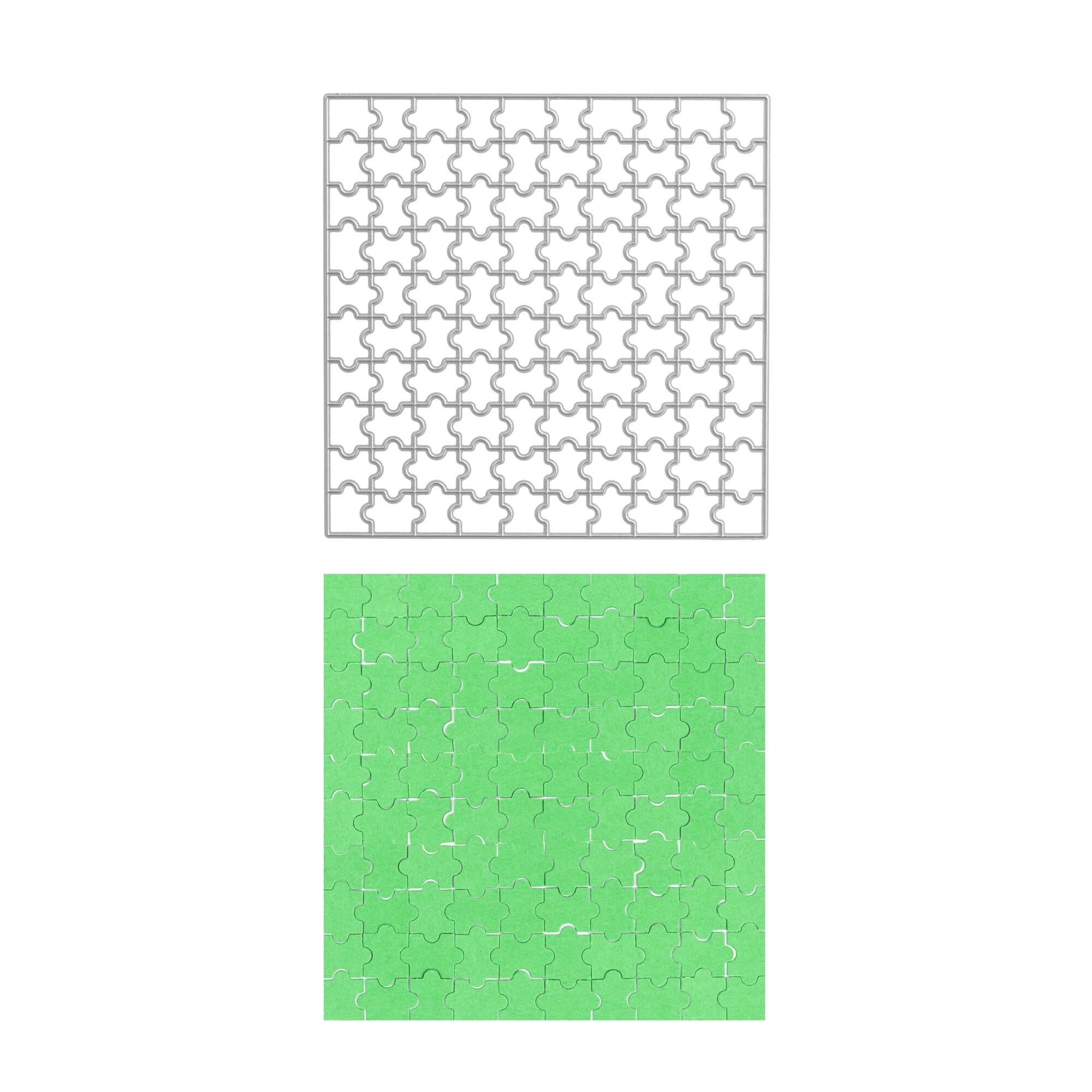 Zwei quadratische Puzzles: eines mit leeren Umrissen, das andere fertig zusammengesetzt in grün. Ideal zum Basteln oder zum Kombinieren mit dem Stanzschablone Puzzle von Stanzenshop.de und einem passenden Stanzschablonen Set.