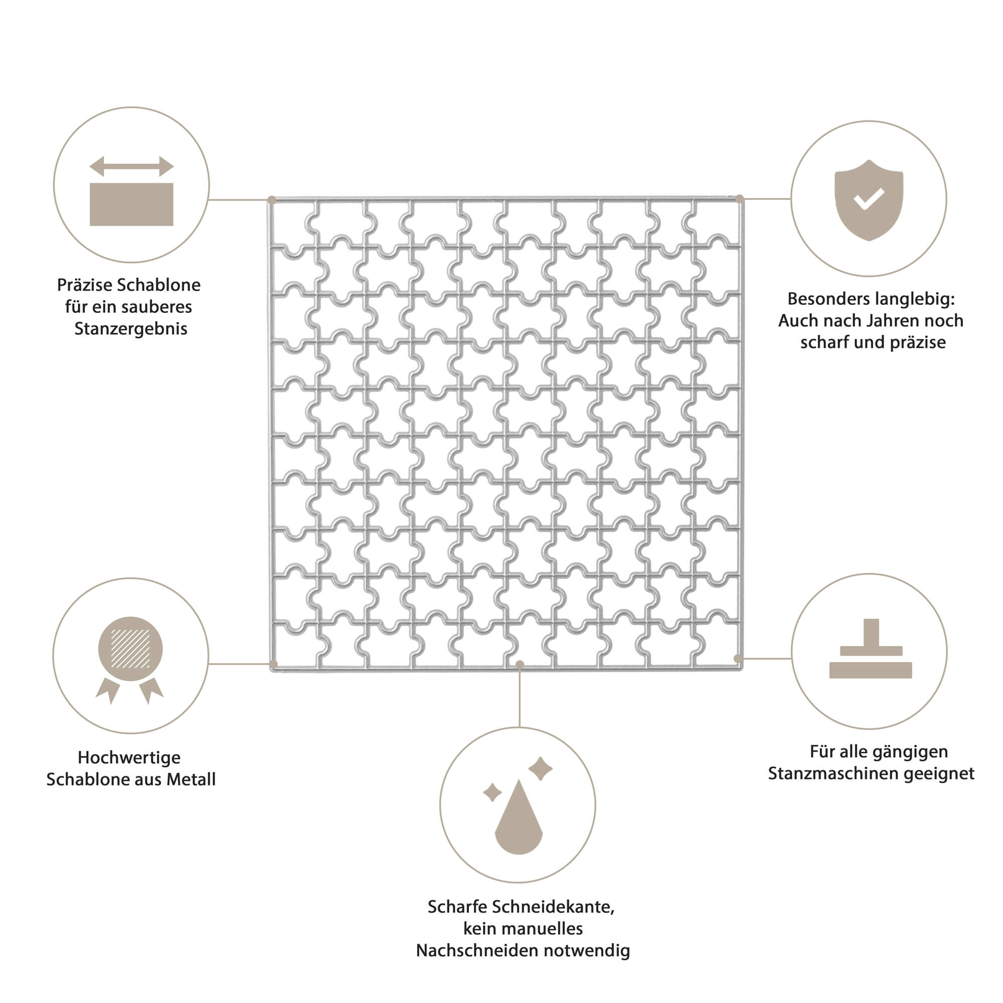 Schema des Stanzenshop.de Stanzschablone Puzzle, einer Metallschablone für präzises und dauerhaftes Schneiden. Kompatibel mit gängigen Maschinen, zeichnet sie sich durch eine scharfe Schnittkante und hochwertiges Material aus - ideal für jedes Basteln oder Stanzschablonen-Set.