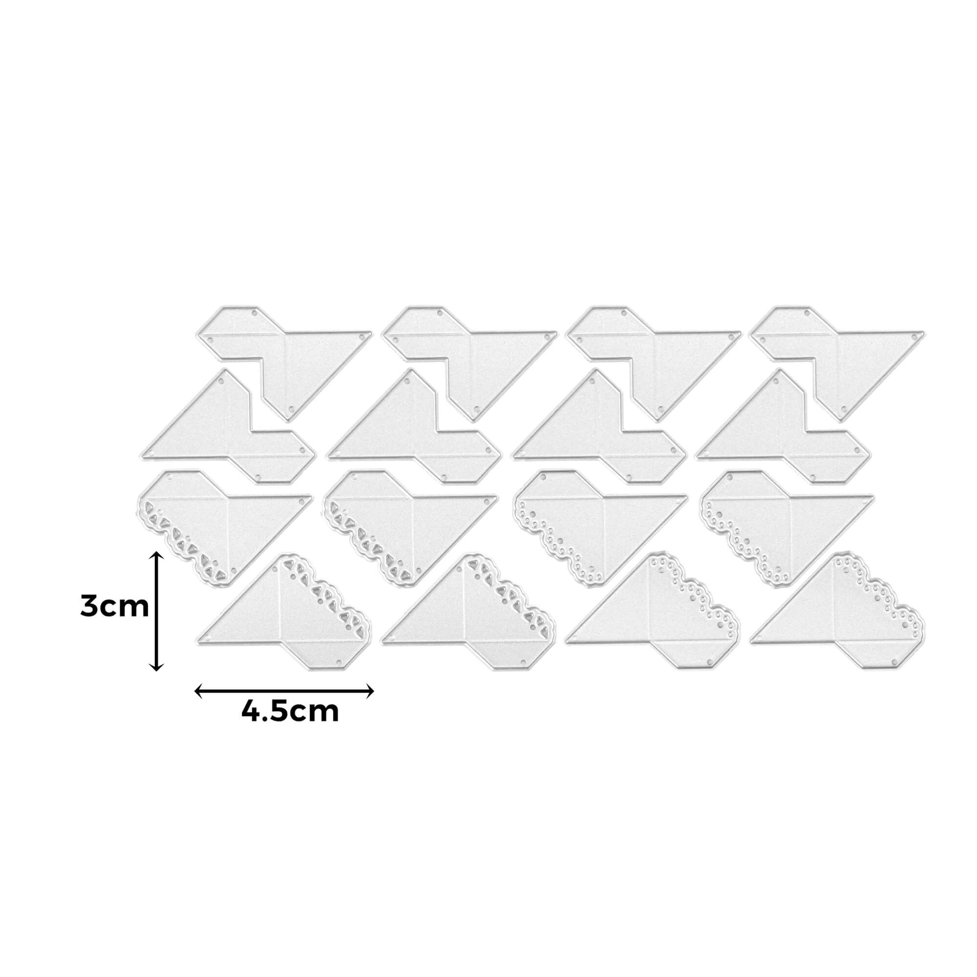 Fünfzehn transparente Stanzschablone Fotoecken von Stanzenshop.de mit Spitzenmotiven, jeweils 3x4,5 cm, sind in drei Reihen angeordnet - perfekt elegante Eckschoner für Scrapbooking und kreative Projekte.