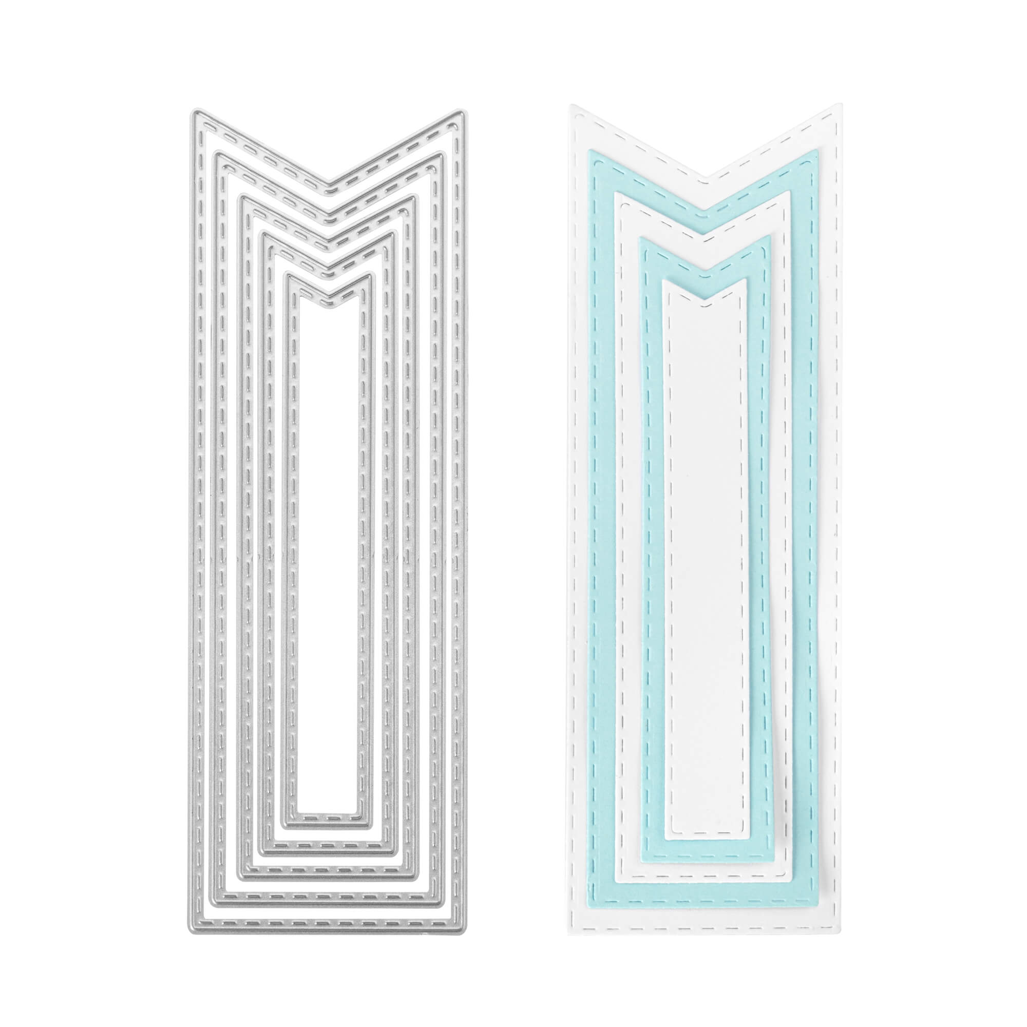 Zwei Sets der "Stanzschablone Fünf lange Wimpel" von Stanzenshop.de - silbernes Metall und weißes/hellblaues Papier - sind nebeneinander auf weißem Grund abgebildet, ideal für Basteln oder Scrapbooking-Projekte.