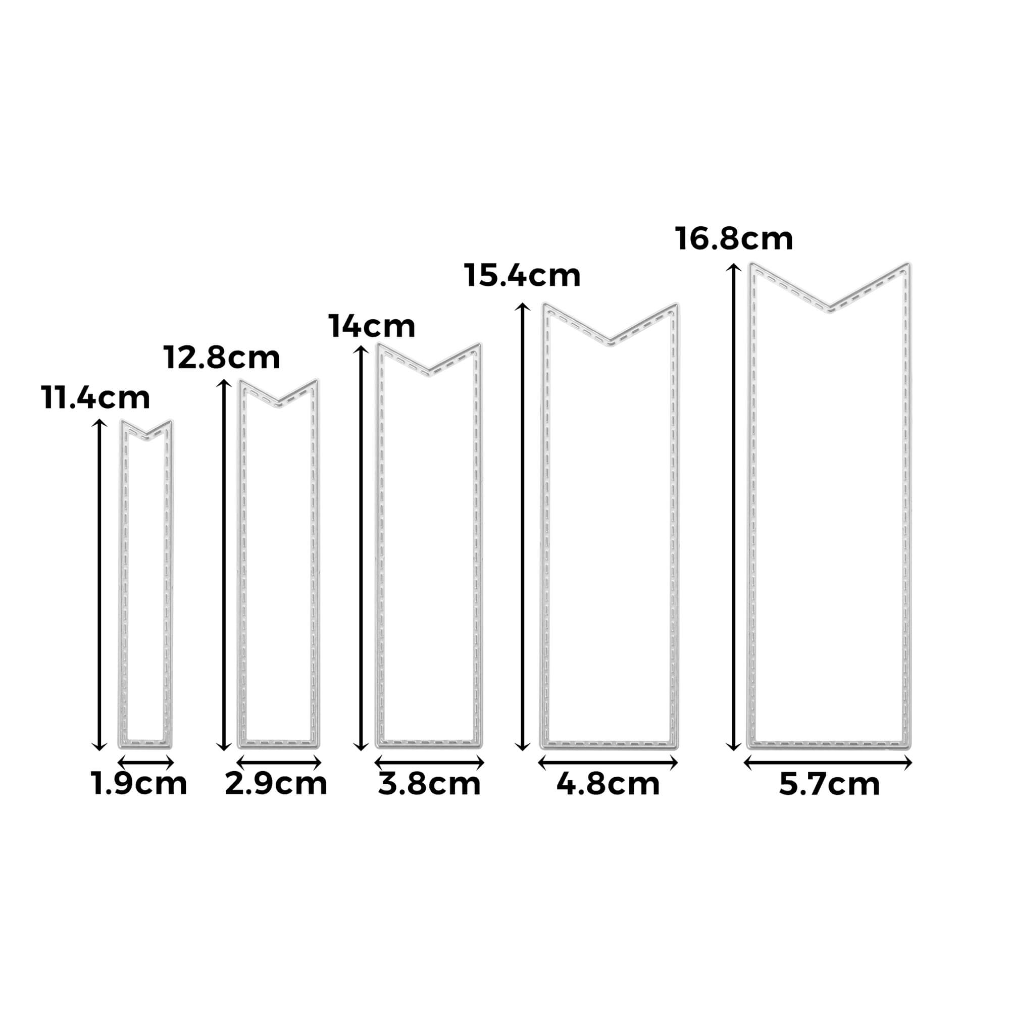 Die Stanzschablone Fünf lange Wimpel von Stanzenshop.de umfasst fünf V-förmige Rechtecke (Höhe 11,4-16,8cm, Breite 1,9-5,7cm), die von klein nach groß angeordnet sind - perfekt für Scrapbooking- oder Bastelprojekte.
