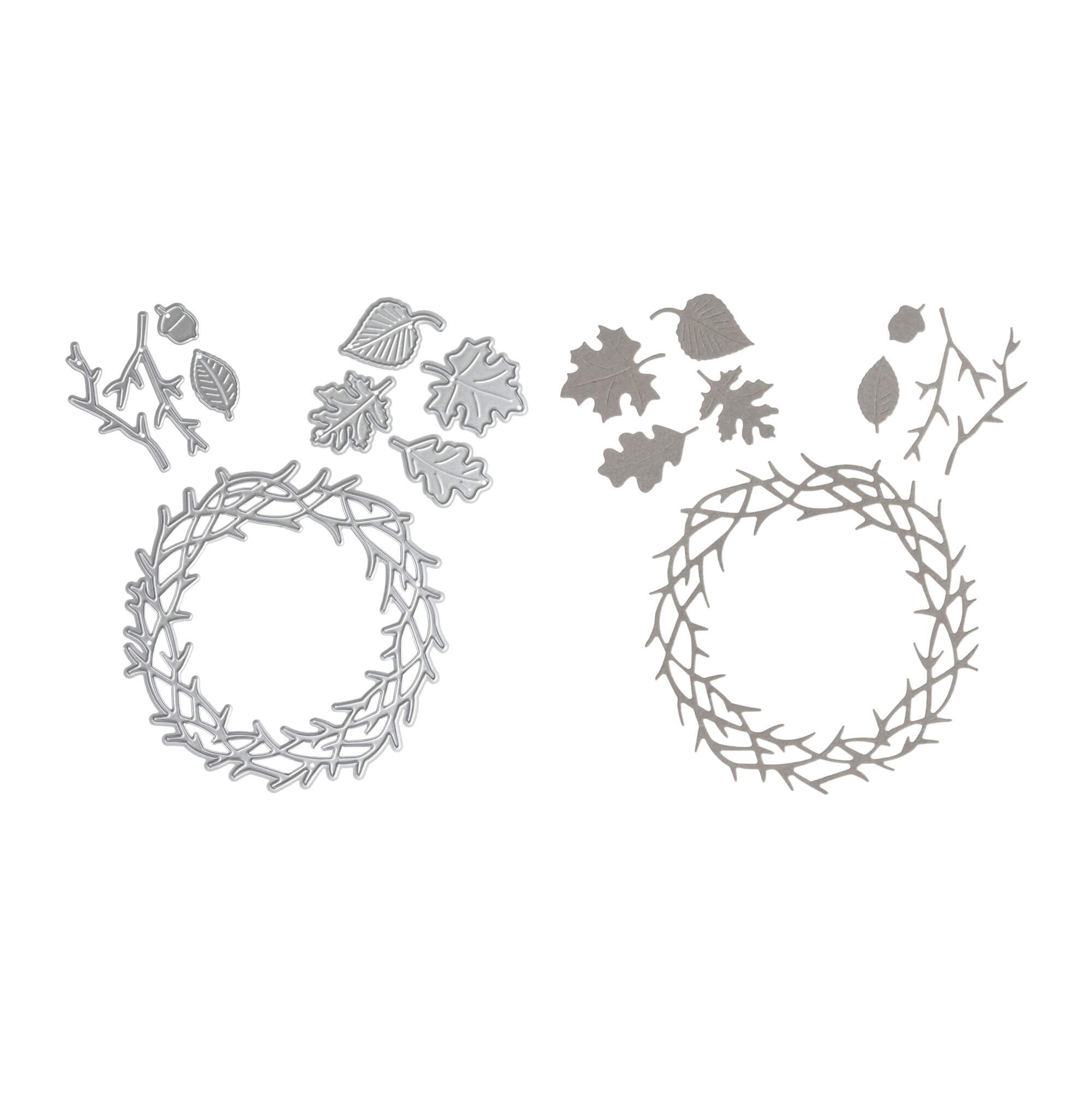 Zwei Stanzschablonen Herbstkranz mit Blättern von Stanzenshop.de, jeweils mit einem kreisförmigen Kranz, Zweigen und verschiedenen Blättern - ideal für Bastelprojekte. Abgebildet auf weißem Hintergrund.