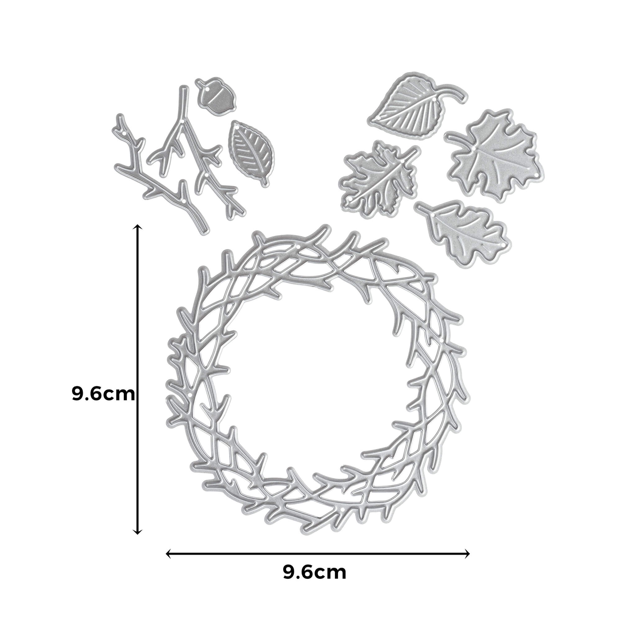 Die Stanzschablone Herbstkranz mit Blättern von Stanzenshop.de (9,6 x 9,6 cm) enthält Metallstanzformen in Form eines Kranzes, von Blättern, Zweigen und einer Eichel - ideal zum Basteln und für den Herbst.