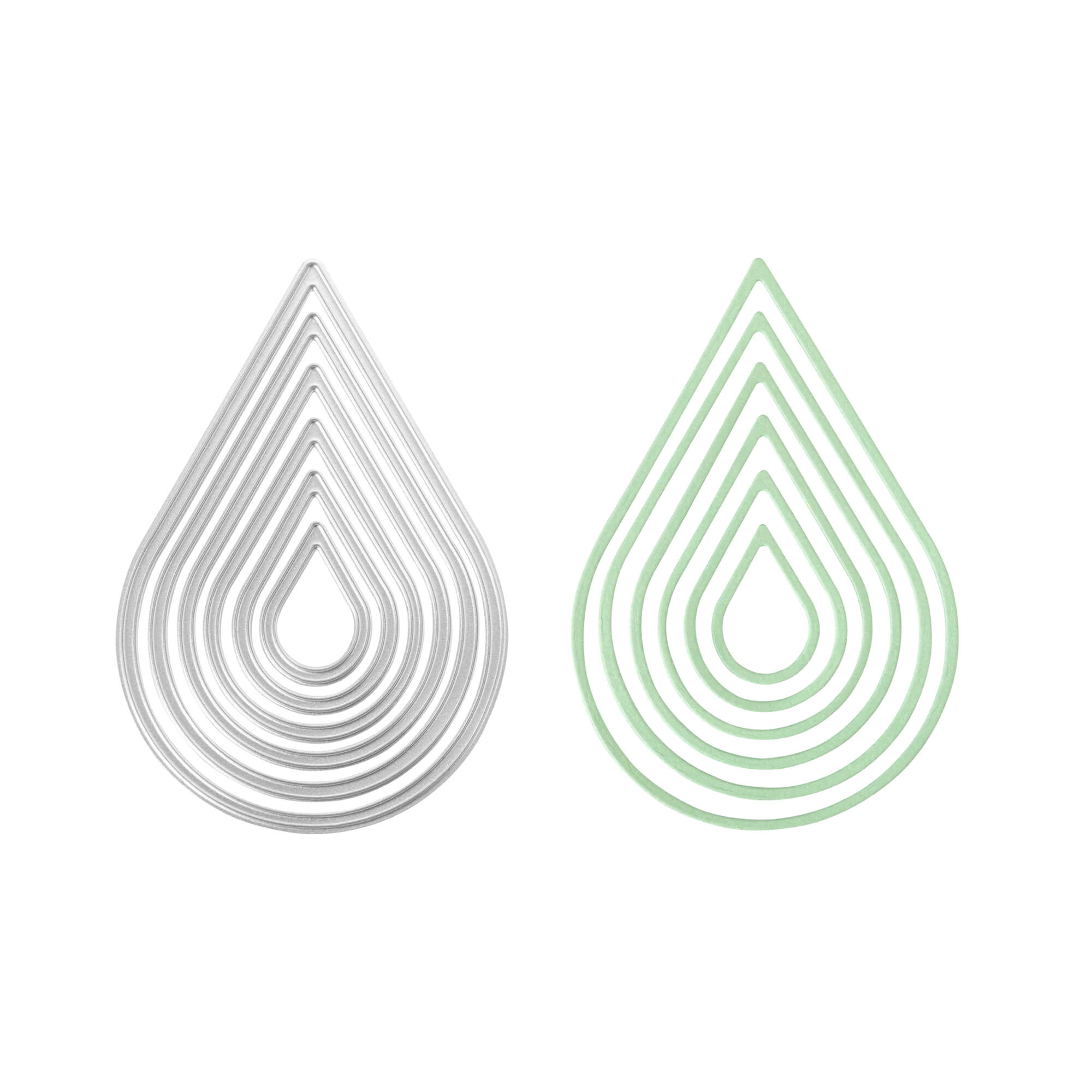 Die Stanzschablone Sechs Tropfen von Stanzenshop.de zeigt zwei geometrische Tropfenformen - eine silberne und eine hellgrüne auf weißem Untergrund - ideal zum Basteln oder als vielseitige Stanzschablone.